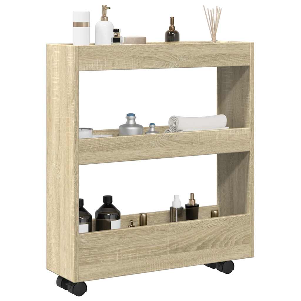 vidaXL Carro de almacenaje estrecho 3 niveles madera ingeniería en color Blanco/Madera antigua/Roble Sonoma y más