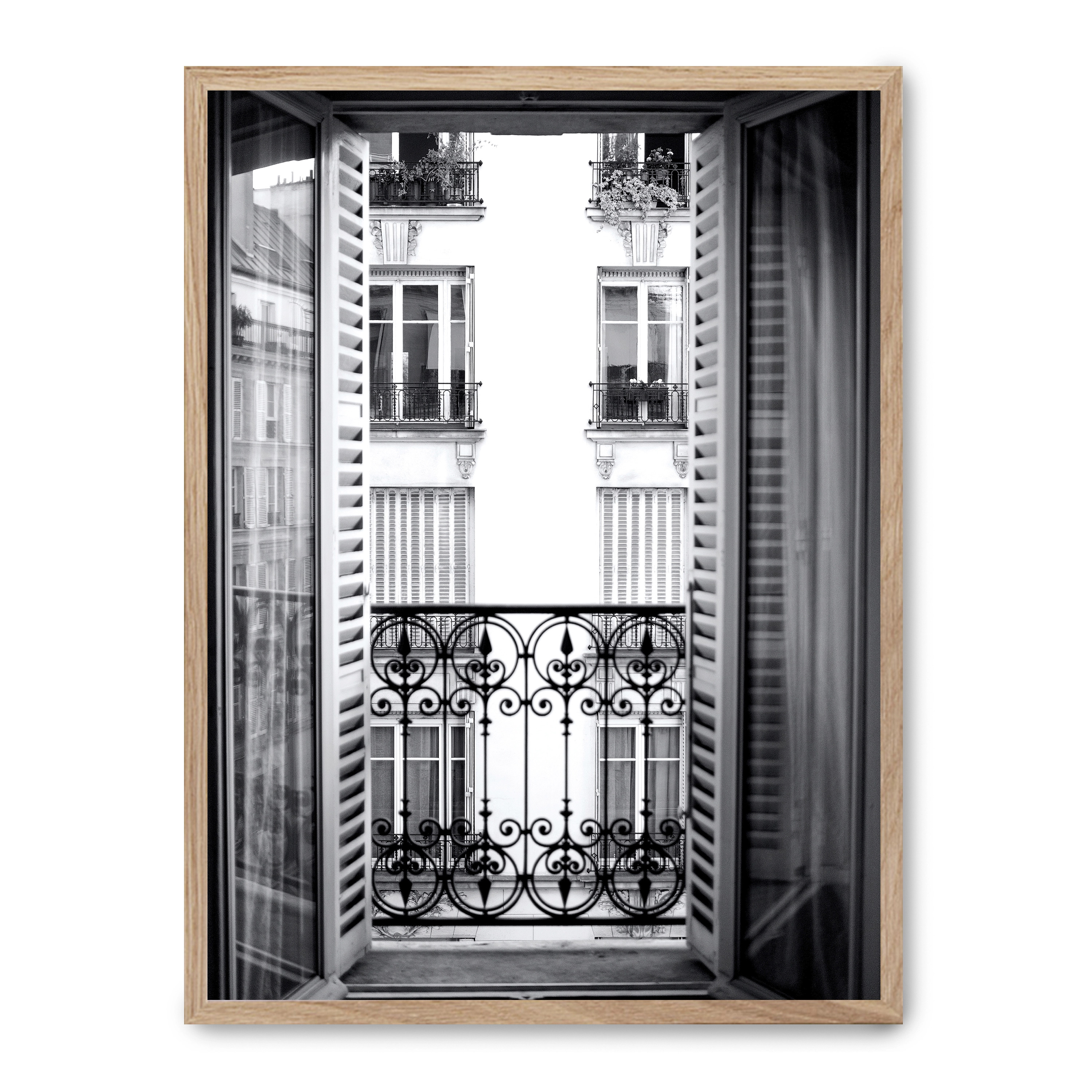 Cuadro parisian window 30x40cm, Póster impreso en papel de primera calidad de 180gr, montado sobre marco de madera MDF acabado roble., Arquitectura