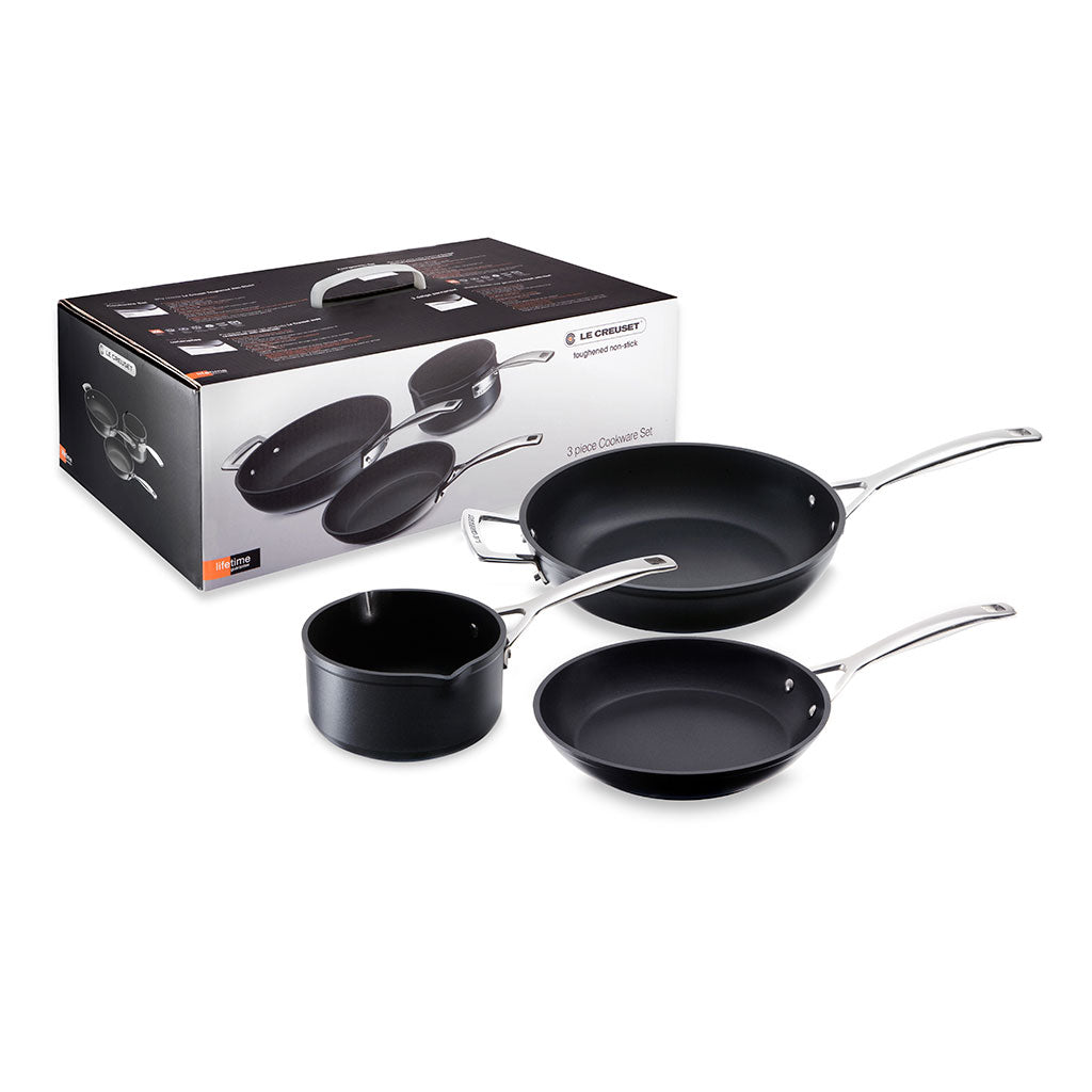 Set de 3 Piezas de Aluminio Antiadherente Le Creuset: Cazo de 16 cm, Sartén Baja de 24 cm y Sartén Alta de 26 cm para Cocina Saludable y Duradera