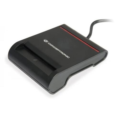 Conceptronic - Lector DNIe y eID SCR01B para autenticación digital segura, compatible con DNI español y eID belga, USB 2.0 Plug & Play sin fuente externa, diseño compacto negro 85x65x25 mm con indicador LED