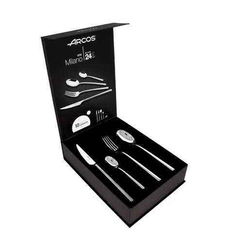 Arcos Serie Milano - Cubertería de 24 piezas en Caja de Regalo (6 Cuchillos  + 12 Cucharas + 6 Tenedores) - Monoblock de una pieza en Acero Inoxidable - Color  Plata