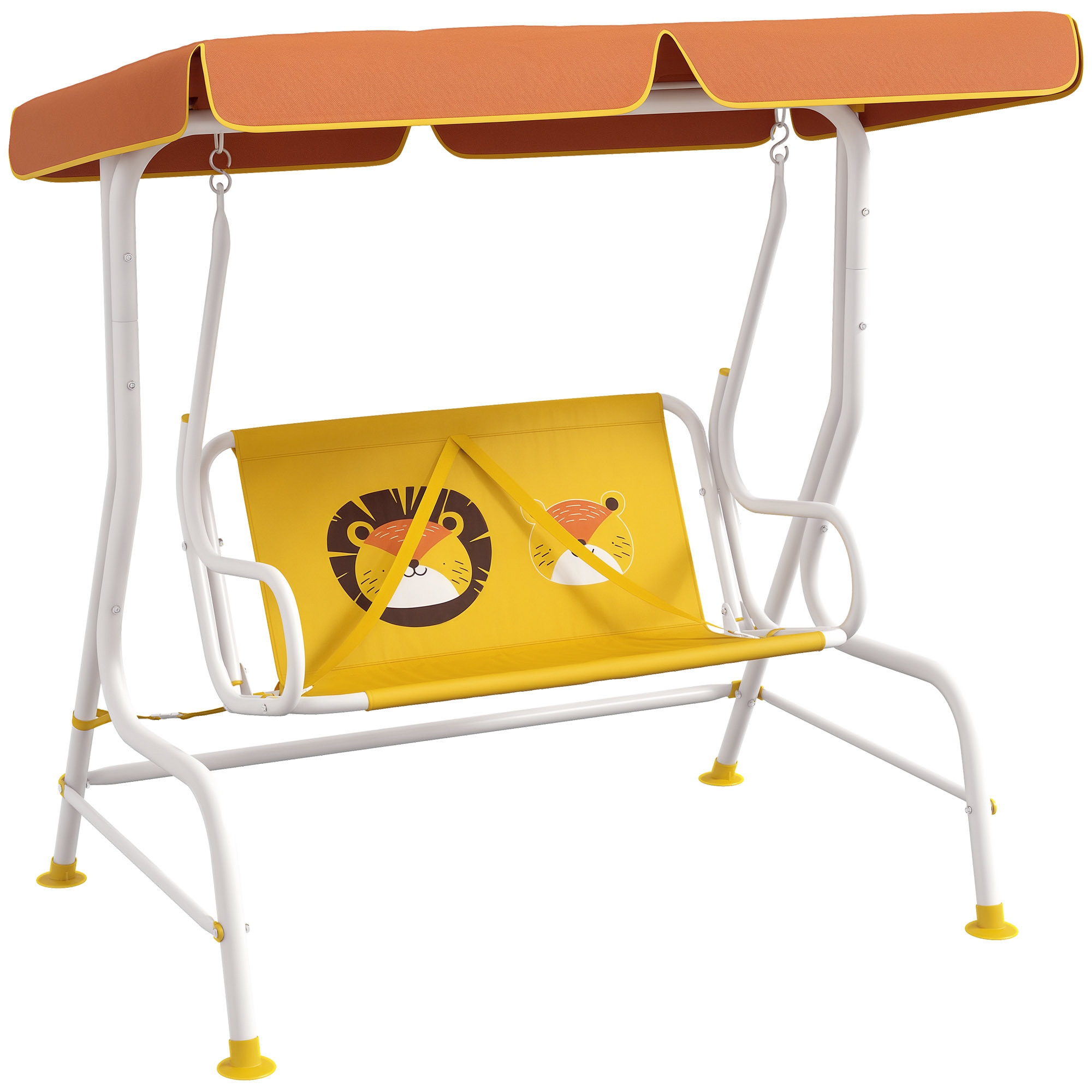 Outsunny Balancín de Jardín Exterior Toldo Ajustable Columpio de Jardín Infantil de 2 Plazas con Patrón de León Carga 60 kg 110x70x110 cm Amarillo