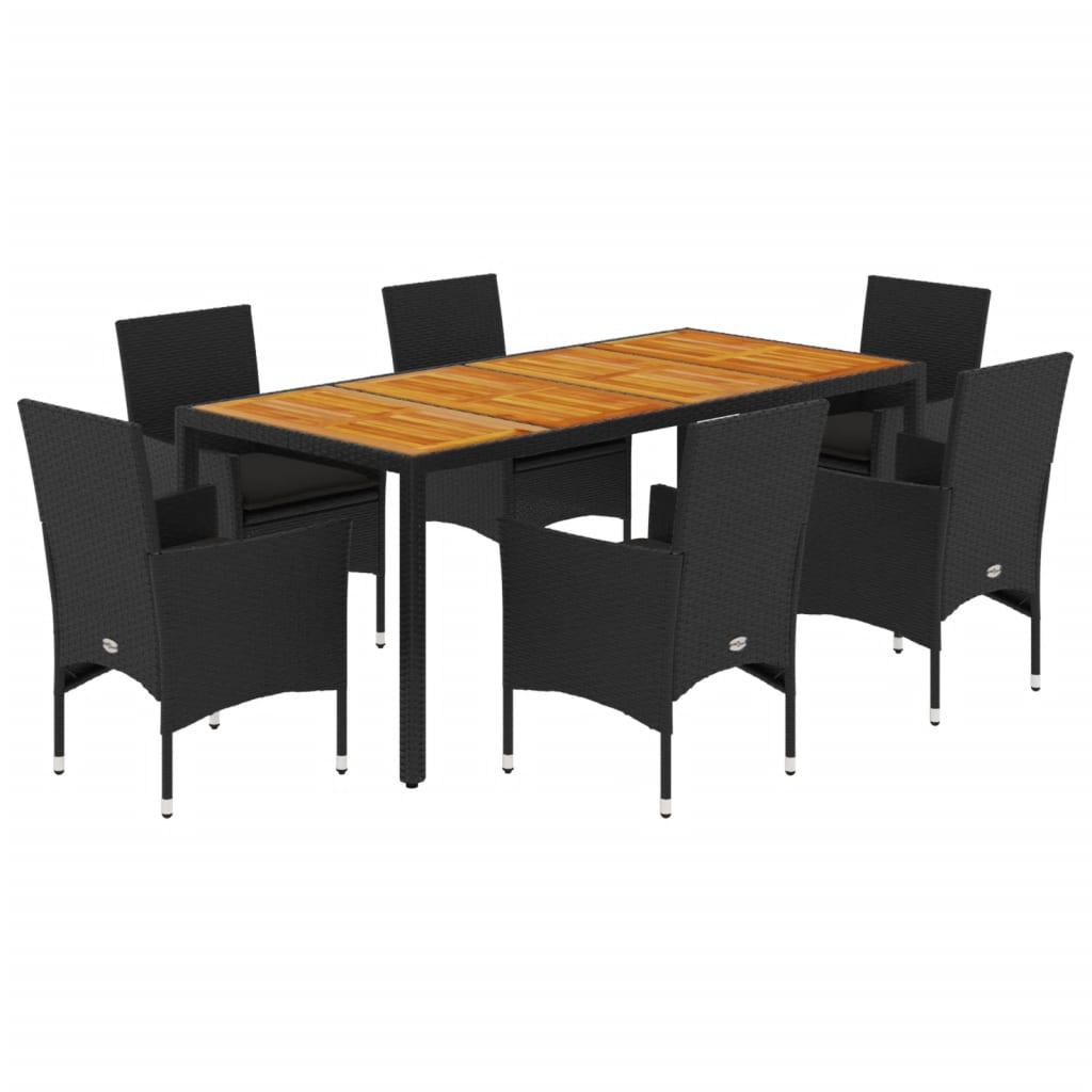 vidaXL Set de comedor jardín 7 pzas con cojines ratán PE acacia negro