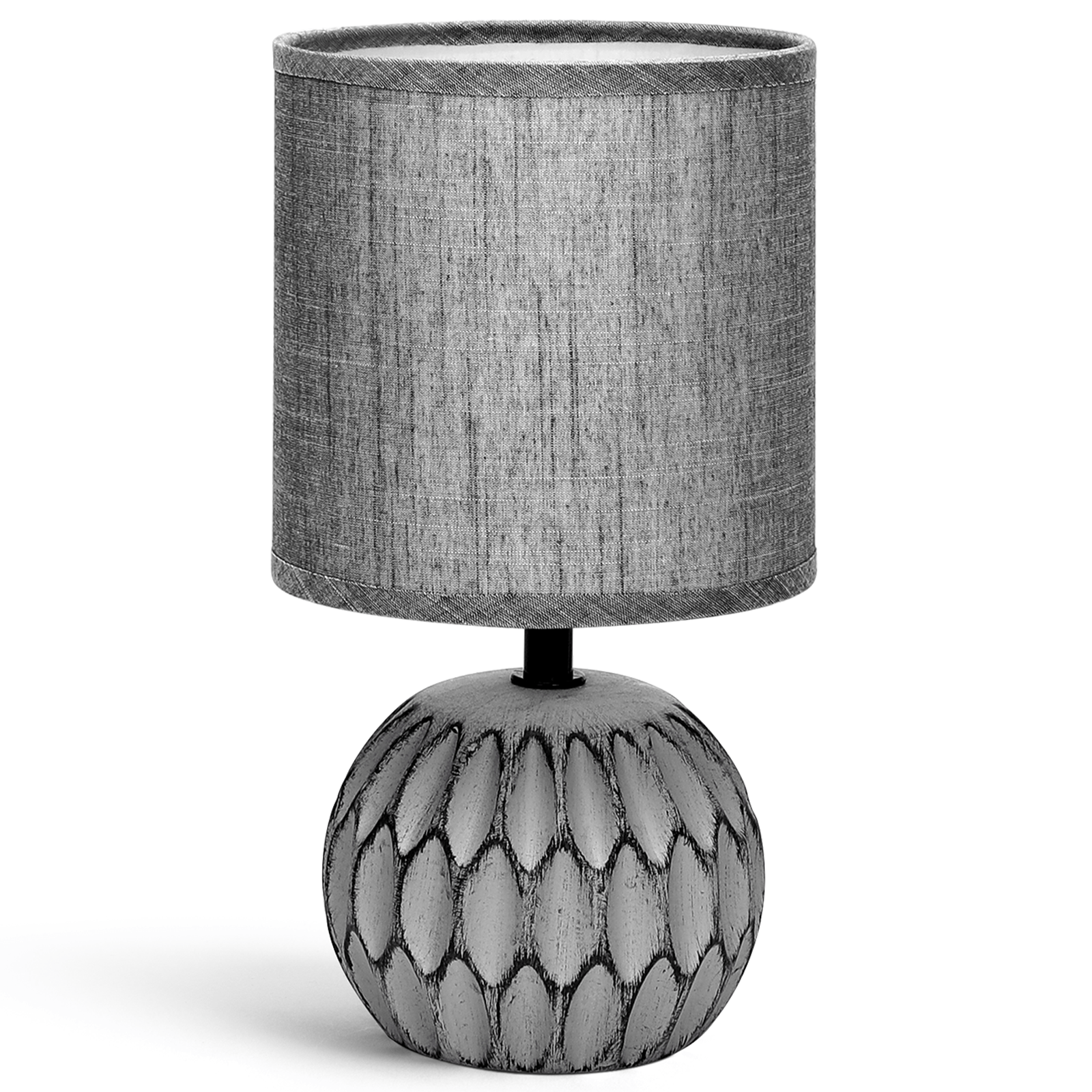 Aigostar Lámparas de Mesita de Noche, Cuerpo de Diseño en Relieve Color Gris, Pantalla de Tela, Casquillo E14, Lámpara de Mesa Diseño Clasico Vintage para Dormitorio, Salon, Estudio, L14 x H26cm