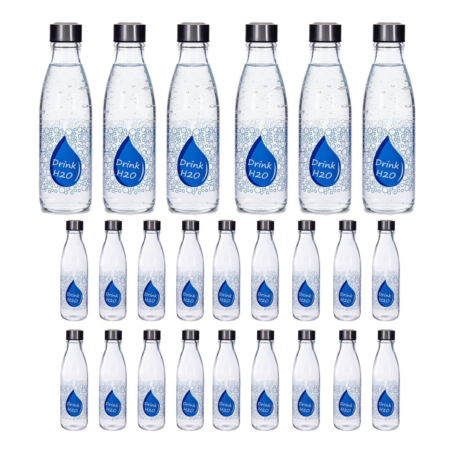 Botella de Cristal para Agua. Pack 6, 12 o 24 Botellas con Tapón de Acero. Botella Reutilizable, Grande, Transparente y Resistente. Apta para Nevera y Lavavajillas