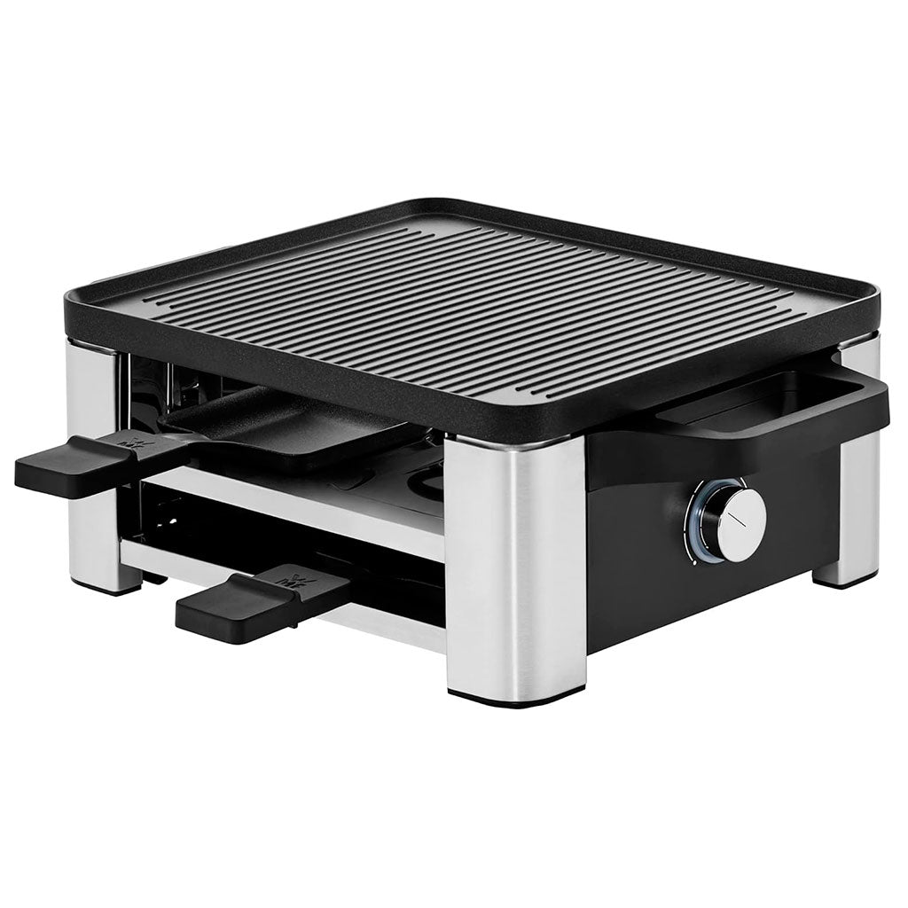 WMF Raclette Cuatro Personas con Sartenes Antiadherentes, Termostato Ajustable LED y Estante Inferior para Sartenes