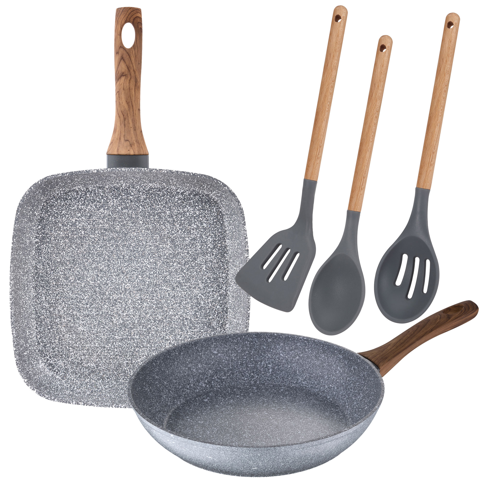 Juego de sarten con asador grill de 26 cm y 28x28 cm en aluminio forjado y set de 3 utensilios de cocina SAN IGNACIO