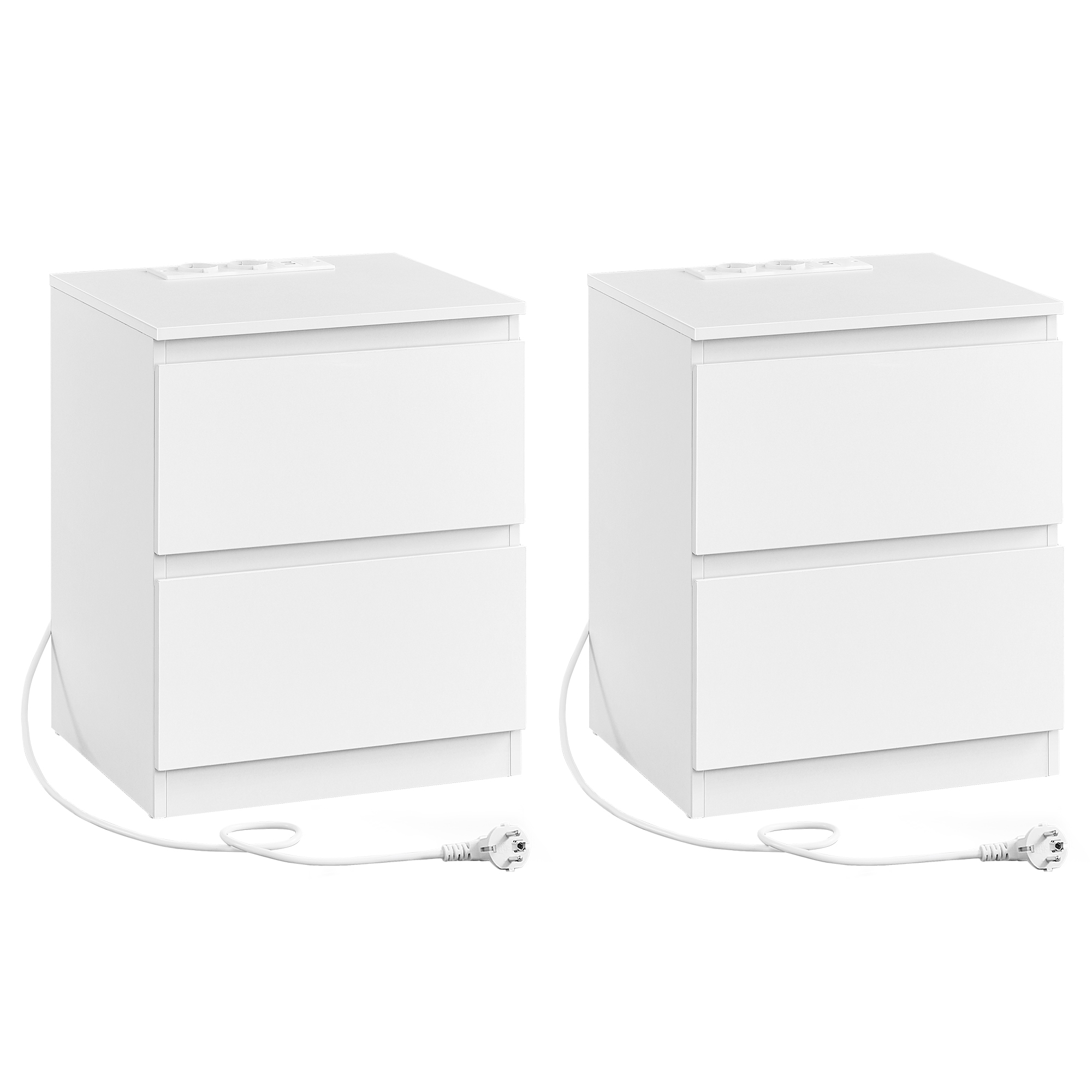 VASAGLE Kailyn Colección - Juego de 2, Mesita de Noche con Regleta de Enchufes, Mesa Auxiliar, 2 Cajones, 2 Tomas AC, 2 Puertos USB-A, Salón, Dormitorio, Negro Ébano/Blanco Nube/Amarillo Almendra