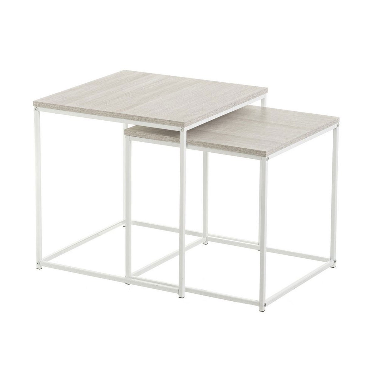 Set de 2 mesas nido pequeñas de madera natural y metal color blanco Mesitas auxiliares cuadradas, ideales para poner junto al sofá, en salón o comedor. CasaSelección