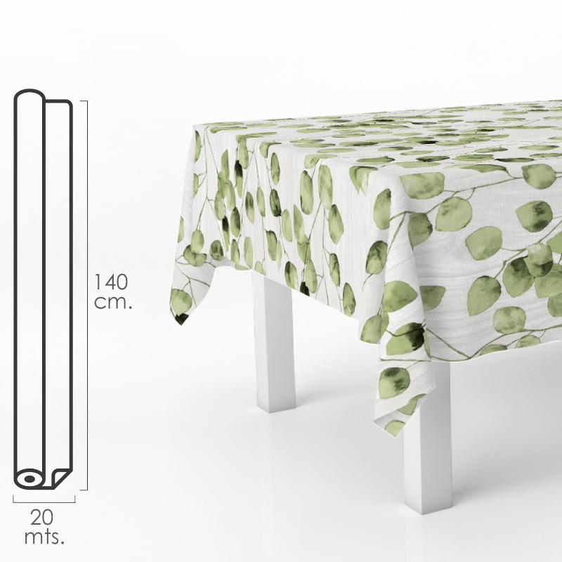 Mantel hule rectangular hojas verdes. impermeable antimanchas pvc 140 cm. x 20 metros. rollo recortable. interior y exterior