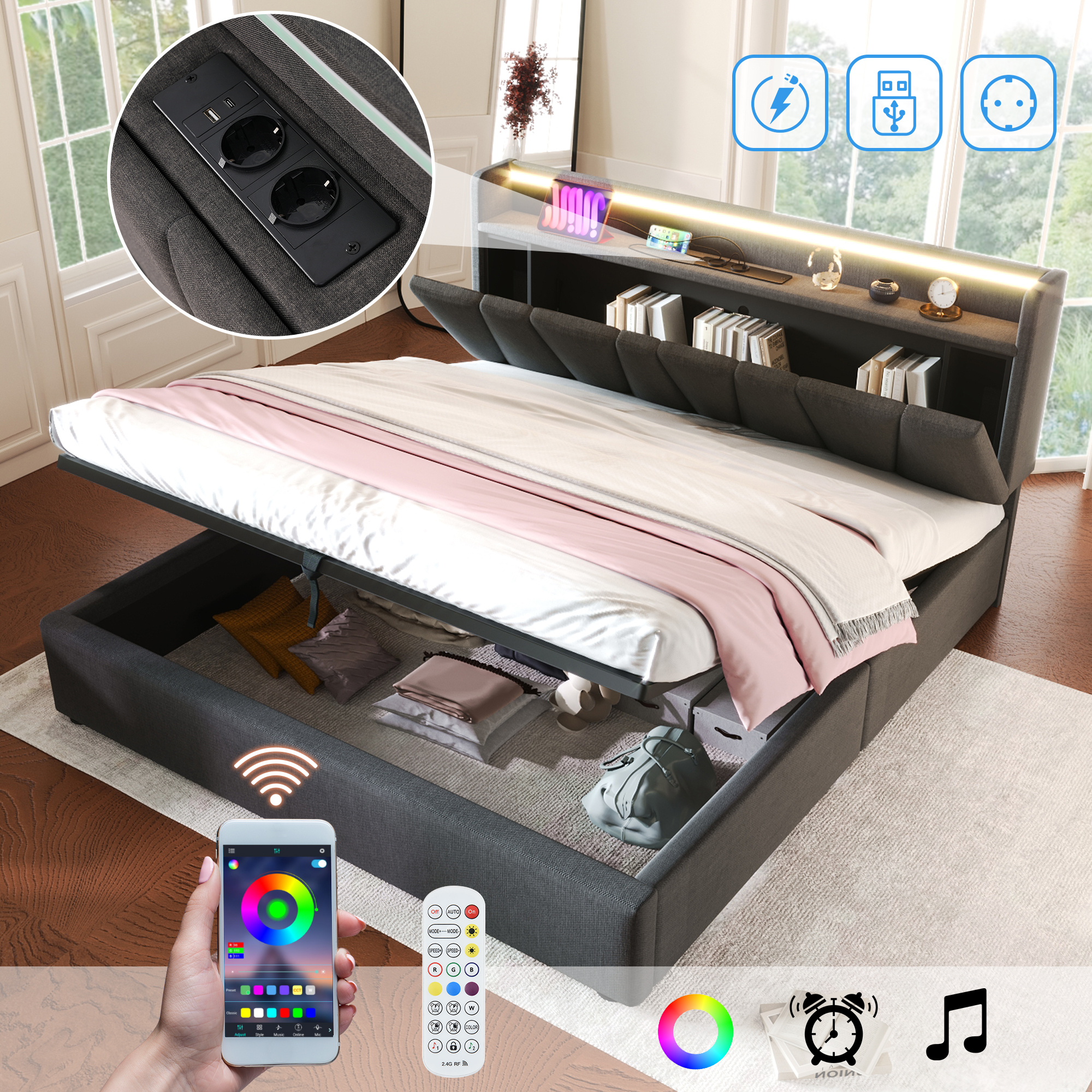 Lit double rembourré gris 140 x 200 cm avec tête de lit rangement, prises, USB-C, LED et sommier relevable