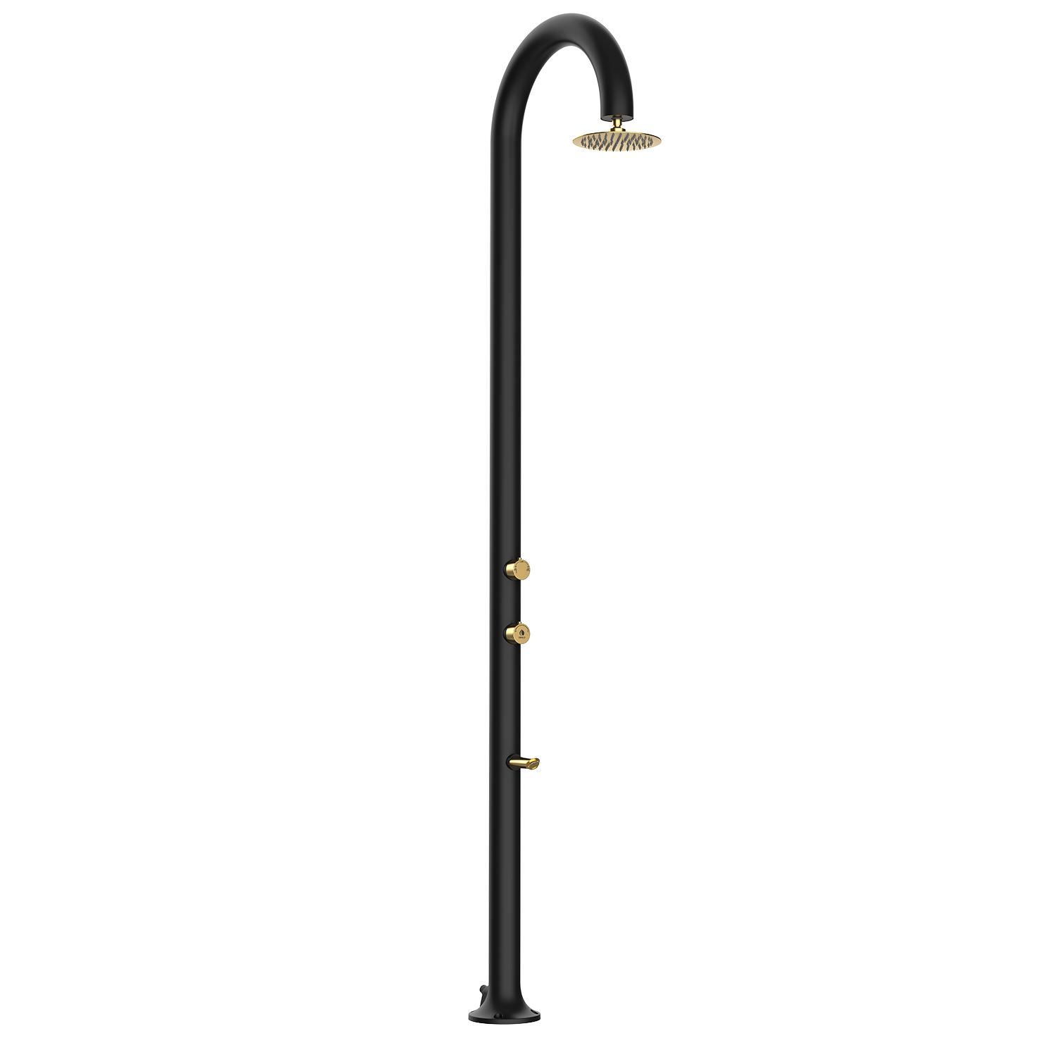SINED Ducha de Aluminio Negro y Dorado con Rociador Circular y Boquillas Antical Doble Conexión Agua fría o caliente Para uso interior y exterior Modelo LUNA ALU NERA ORO