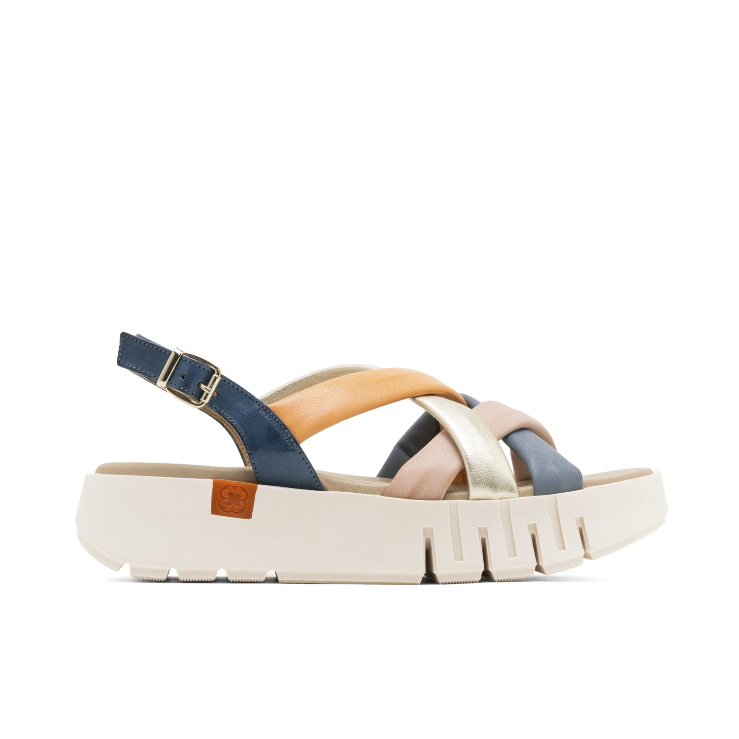 Elegantes Sandalias de Cuña Daniela Azul con Tiras de Piel Multicolor y Hebilla Ajustable, Comodidad Acolchada y Suela Antideslizante – Artesanía Española en Todas las Tallas (36-41), Plataforma de 4.