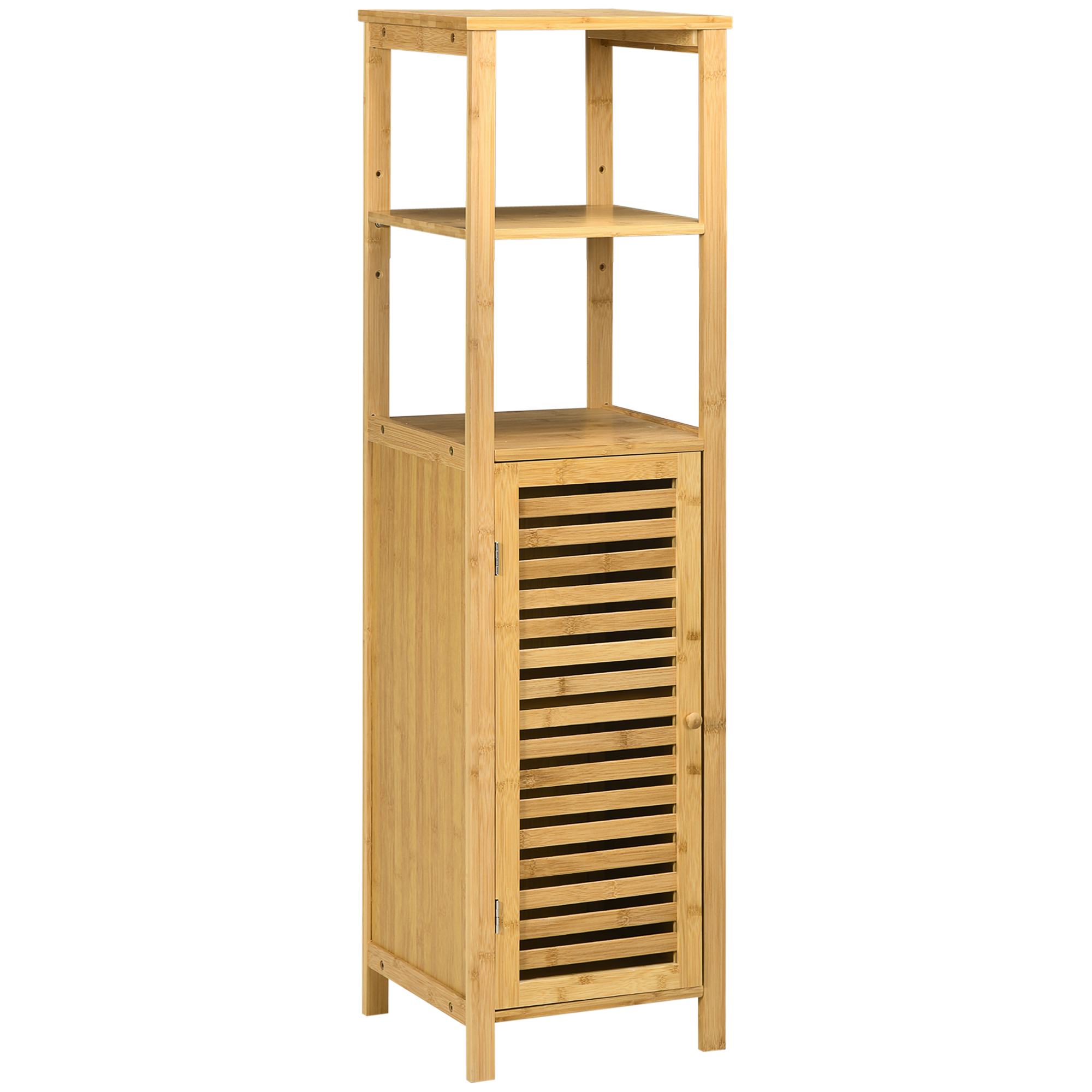 kleankin Armario Auxiliar de Baño de Bambú Estantería de Baño con 2 Estantes Abiertos y Puerta de Rejilla para Ducha Salón 32,9x29,9x120 cm Natural