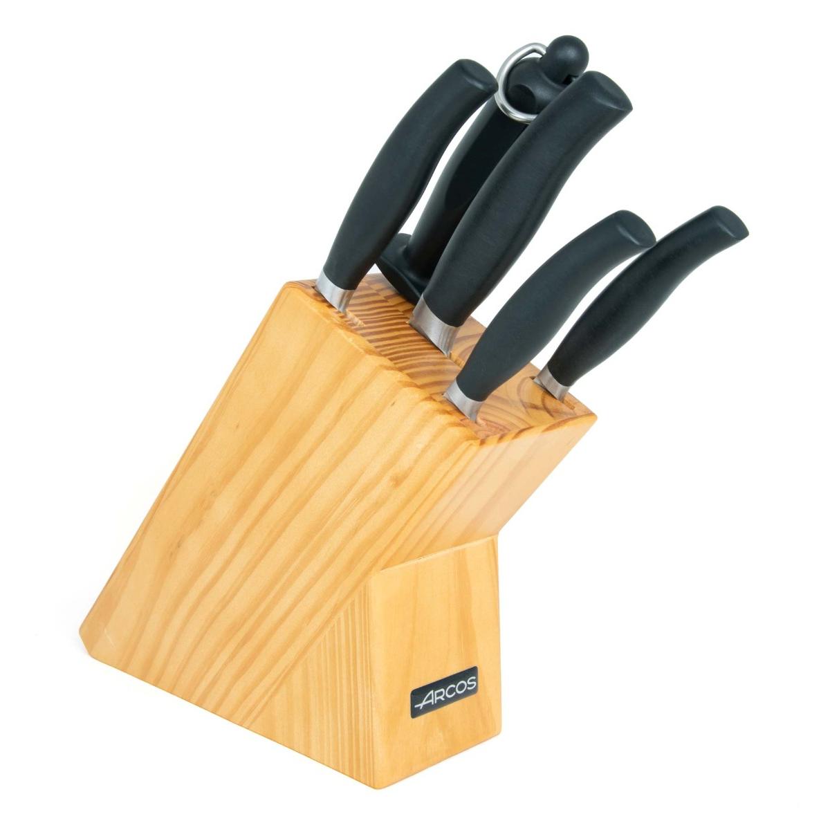 Arcos Serie Clara - Juego 4 Cuchillos de Cocina (Mondador + Chef + Panero + Verduras) + 1 Chaira - Acero Inoxidable Forjado NITRUM - Mango Inyectado de Polipropileno - Color Negro