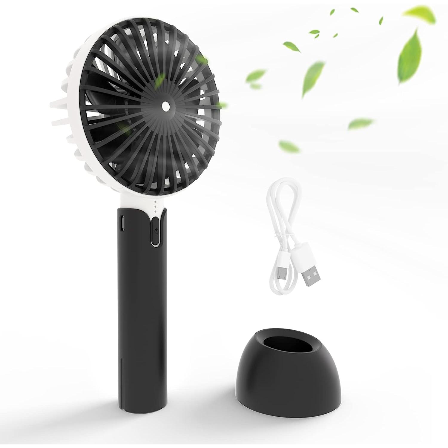 Mini Ventilador Portatil Recargable USB Silencioso, 3 Velocidades, 4.5w, 4800RPM, 5V-9V, Con Base para Uso Sobremesa, Ventilador de Mano Personales Pequeño, Batería 18650 extraible de 2600mah. Ideal para Escritorio, Oficina, Mesita de noche