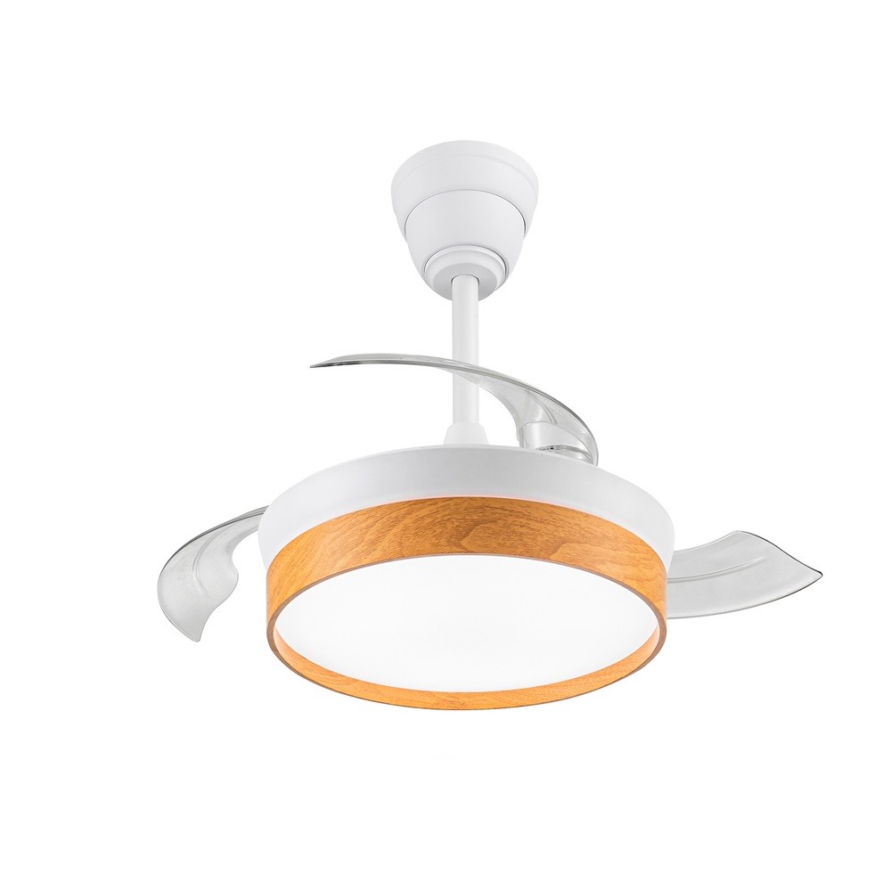 Ventilador de techo modelo SECUOYA blanco/madera motor DC 6 velocidades Tecnología Led 45W sistema CCT 4400 Lúmenes, Control remoto con temporizador, luz regulable en color e intensidad, Memoria motor inverter verano/invierno ultra silencioso
