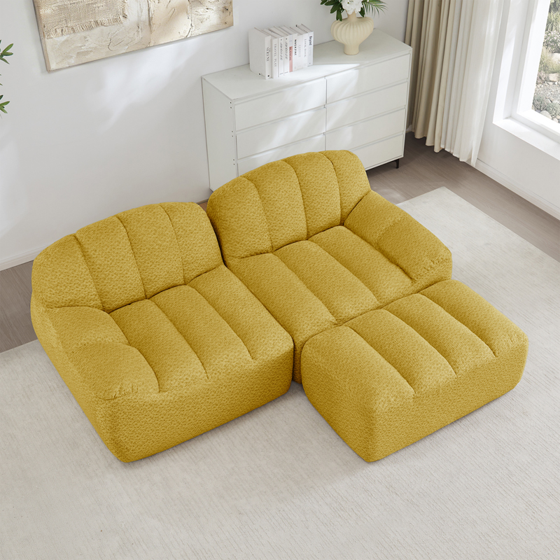Canapé modulaire jaune 2 places en L avec ottoman et assise profonde