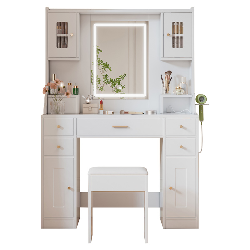 Grande coiffeuse blanche avec miroir LED, prises intégrées, 6 tiroirs et 4 portes