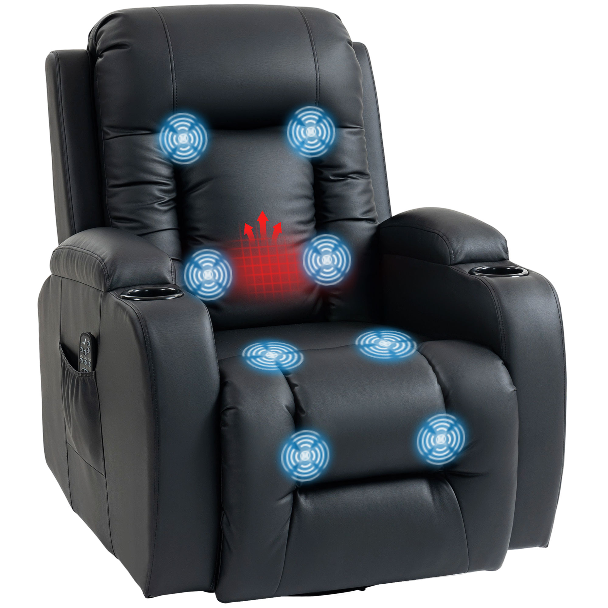 HOMCOM Sillón de Masaje Giratorio, Sillón Relax Reclinable con 8 Puntos de Masaje, Función Calefacción Lumbar, Mando a Distancia, Tapizado en PU, Reposapiés, Bolsillo Lateral, Función Basculante Negro