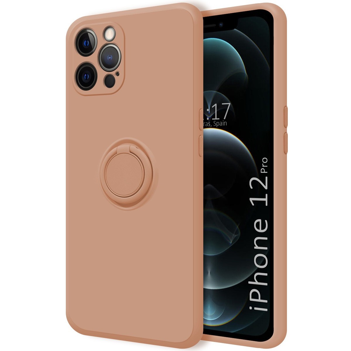 Tumundosmartphone Funda Silicona Líquida Rosa con Anillo para Iphone 12 Pro