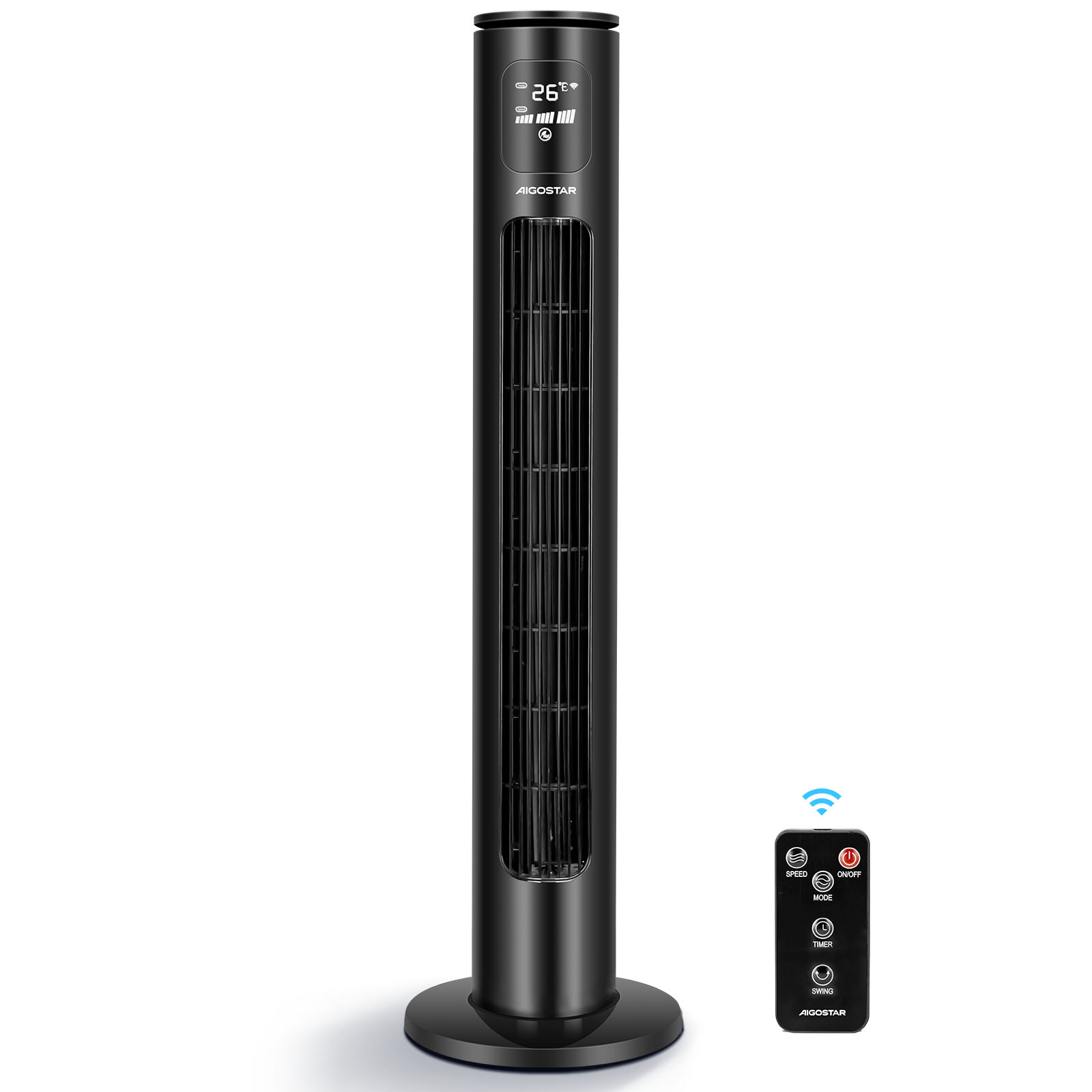 AIGOSTAR Ventilador de Torre con Mando a Distancia, Conexión Smart: WiFi+Bluetooth,Temporizador Programable, 3 Modos y 3 Velocidades, Pantalla LED.