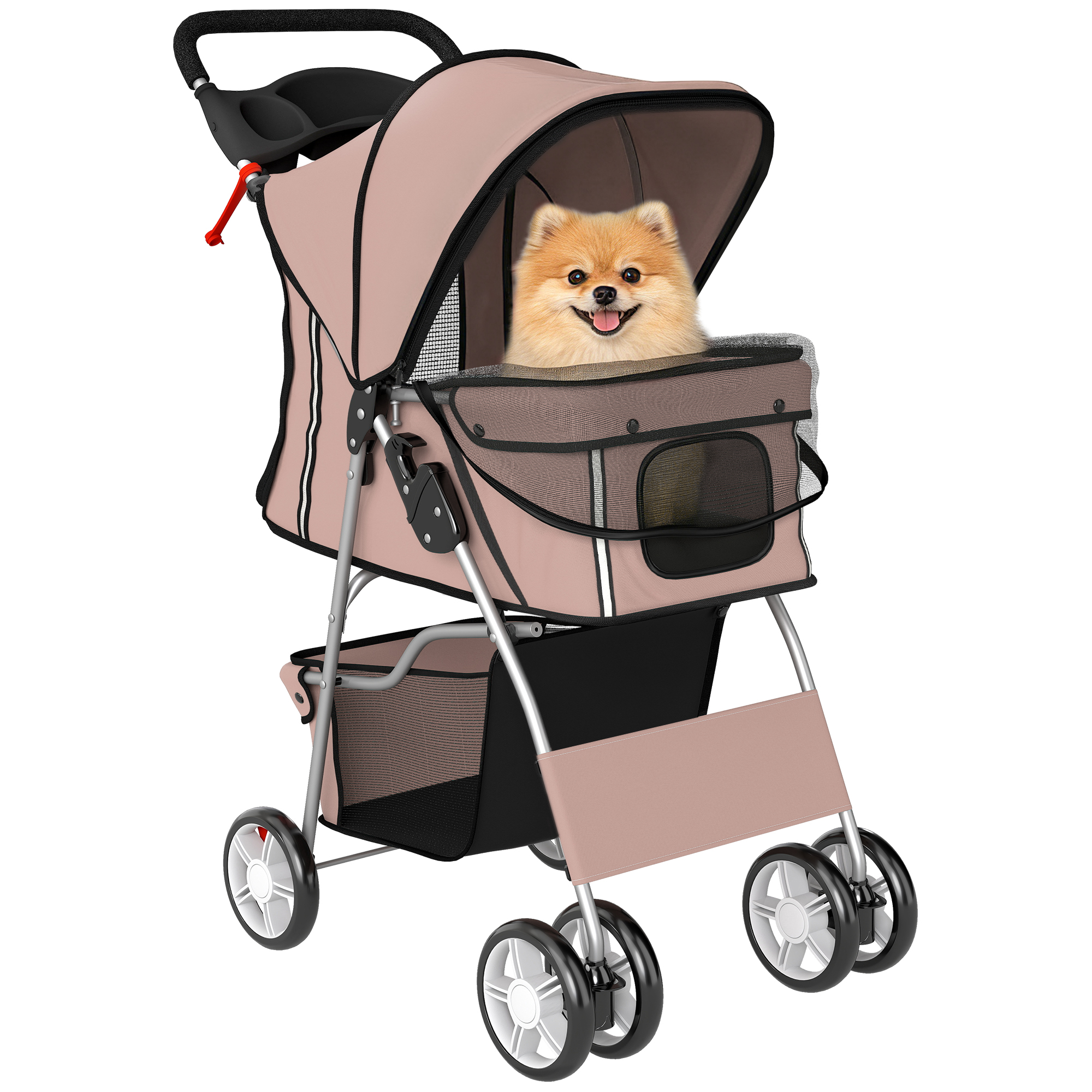 PawHut Carrito para Perros Gatos Plegable hasta 10 kg, Cochecito para Perros Pequeños con Ruedas de EVA y Frenos, Cesta de Almacenaje, Ventanas de Malla, Portavasos, Cojín Lavable, 77x44x102 cm, Negro