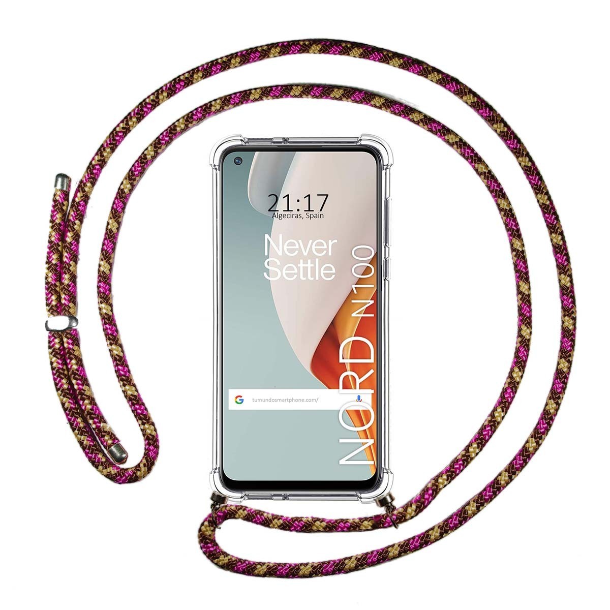 Tumundosmartphone Funda Colgante Transparente para OnePlus Nord N100 con Cordon Rosa / Dorado