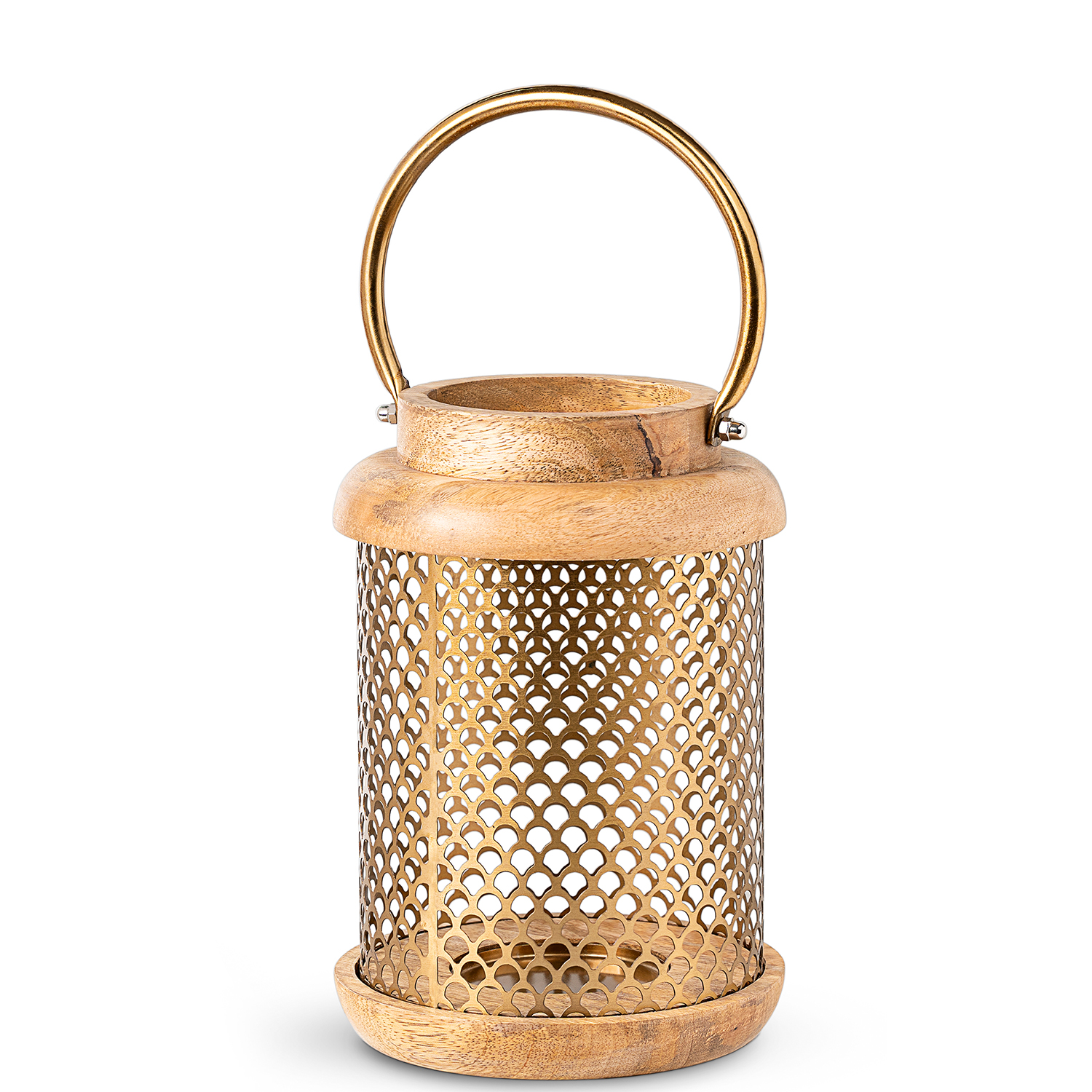 Farol portavelas 24cm madera, metal dorado 16x24cm