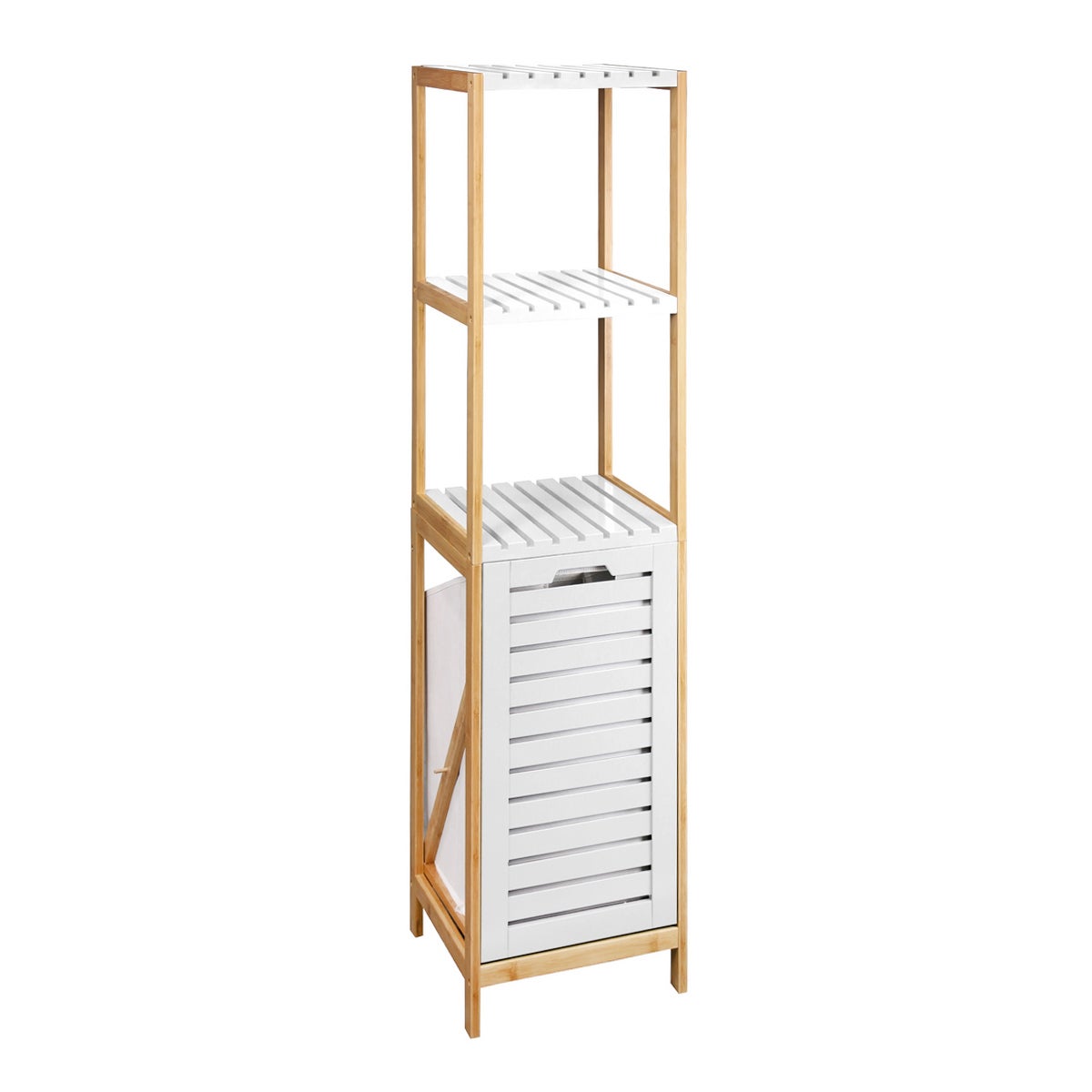 Lola Home Estantería con cesto de bambú natural blanca de 140x33x34 cm