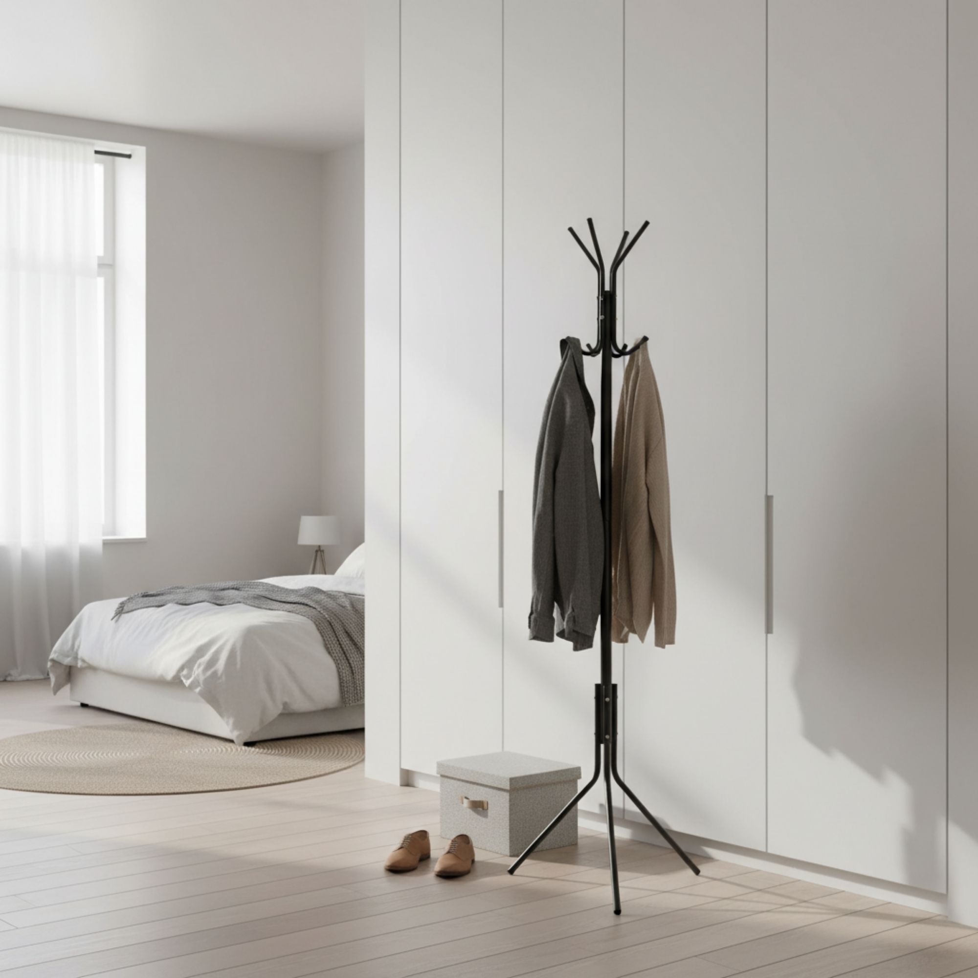 MOBLEKIT | Percheros de Pie y Percheros Extensibles de Metal y Madera, Burros de Ropa con Opciones Ajustables, con Ruedas o Estantes, Organizadores para Dormitorio, Entrada y Hogar