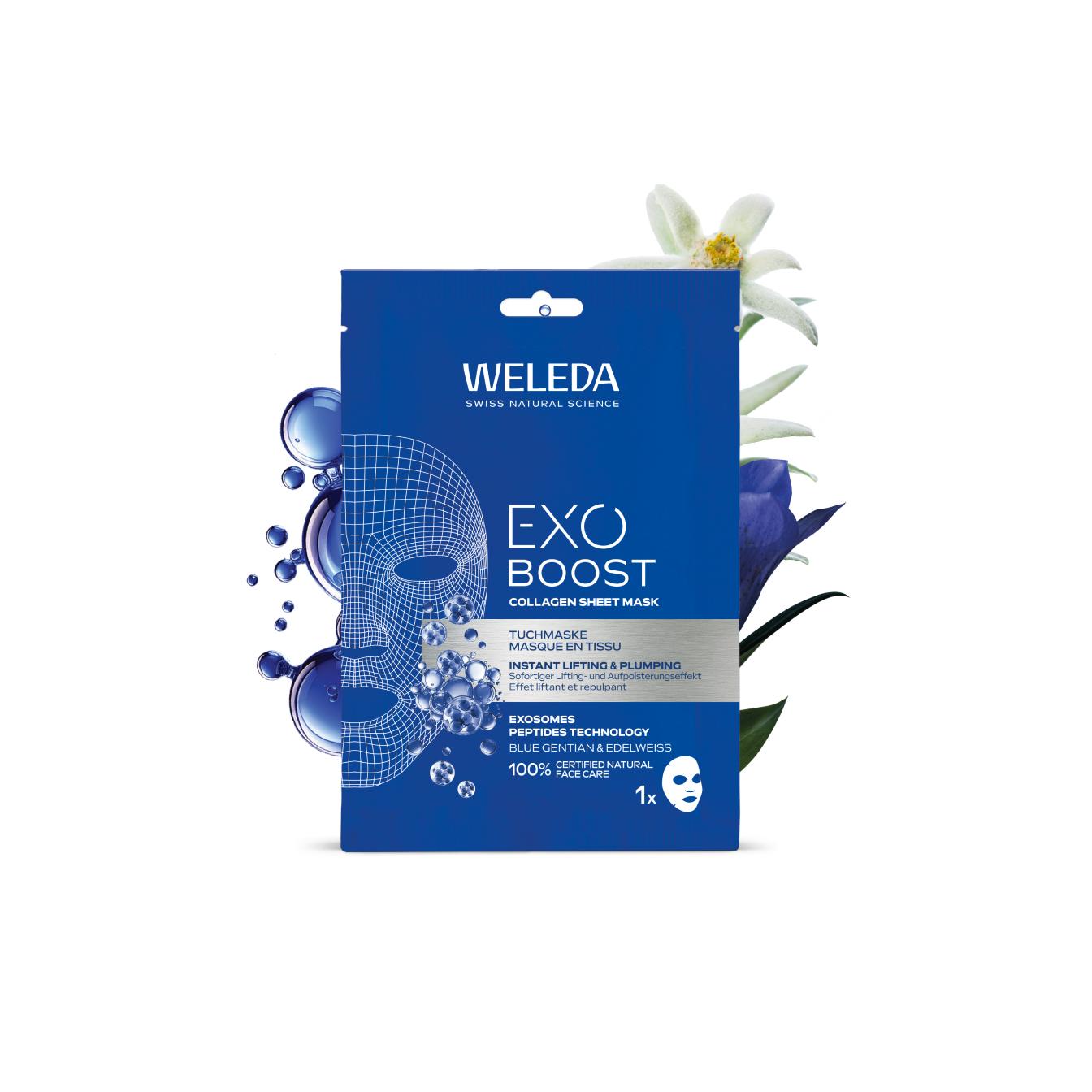 Weleda - EXO Sheet Mask Redensificante, Mascarilla Facial, Rellena e Ilumina la Piel, con Colágeno Activo, Péptidos y Centella Asiática, 24 Horas de Hidratación, Boost Colágeno - 20 ml