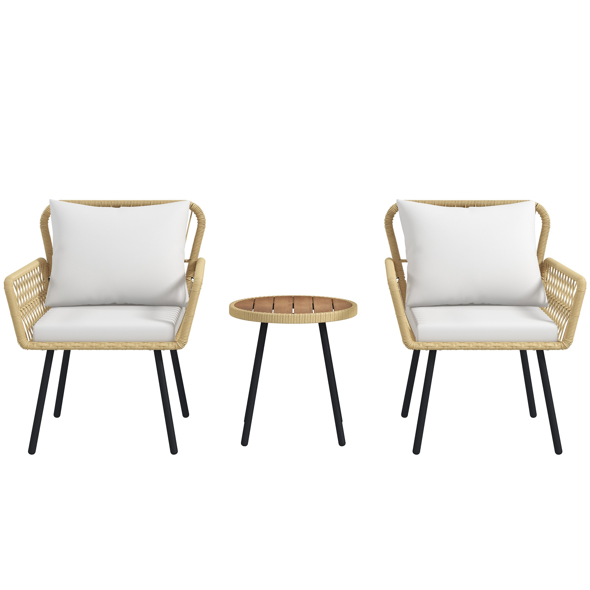 Outsunny Conjunto de Mesa y Sillas de Jardín Exterior Juego de 3 Piezas Sillas y Mesa de Ratán con 2 Sillas 1 Mesa de Centro Redonda y Cojines para Terraza Césped Balcón Natural