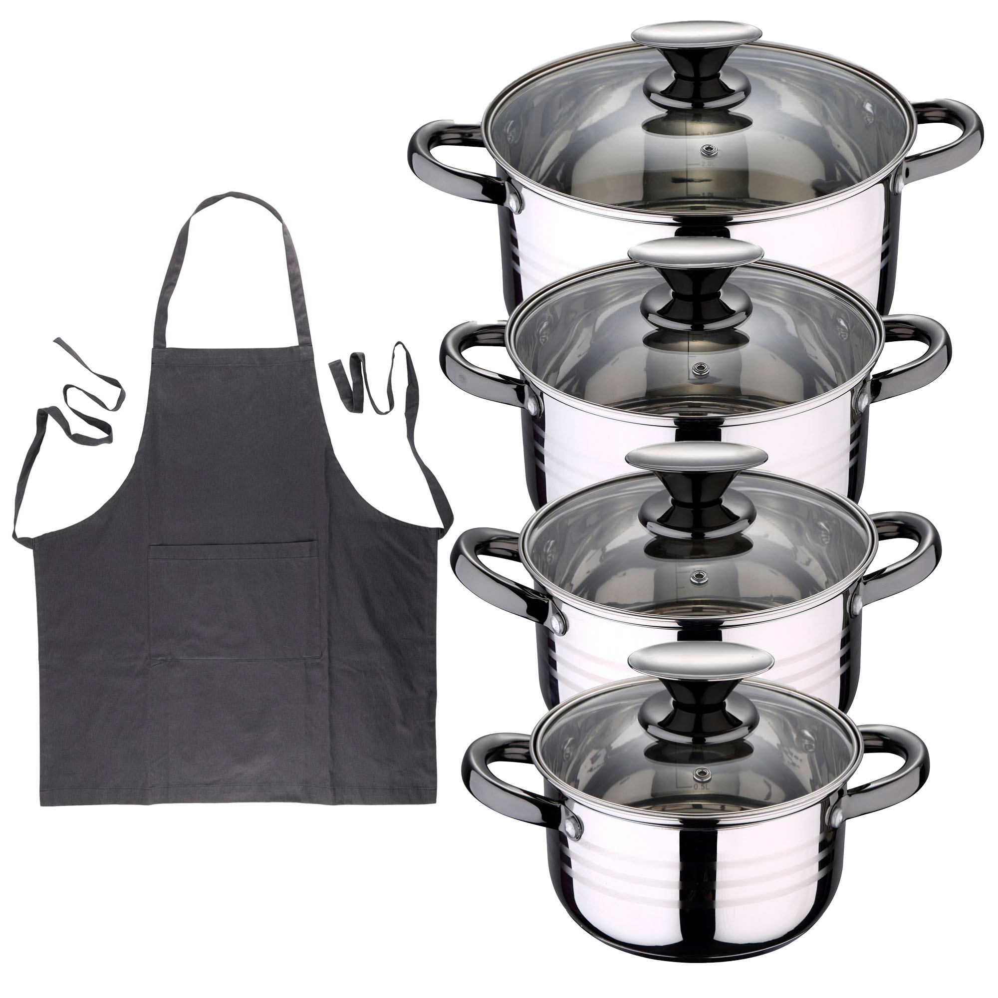 Bateria 8pc acero inoxidable apta para inducción Colección San Ignacio Premium +  Delantal de Cocina Gris oscuro 100% Algodón 75x80cm