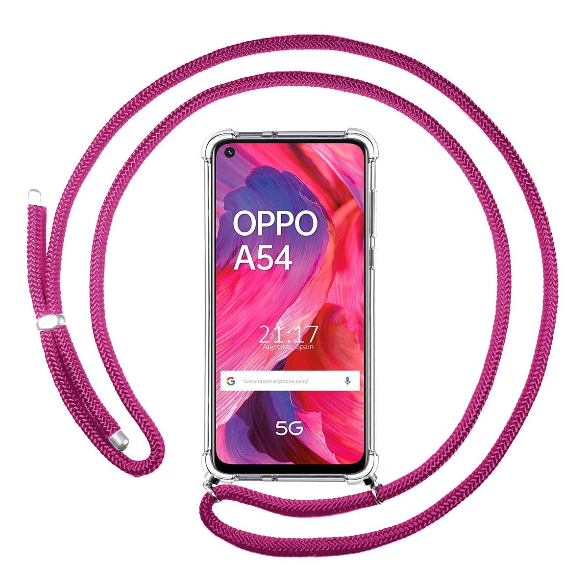 Tumundosmartphone Funda Colgante Transparente para Oppo A54 5G / A74 5G con Cordon Rosa Fucsia