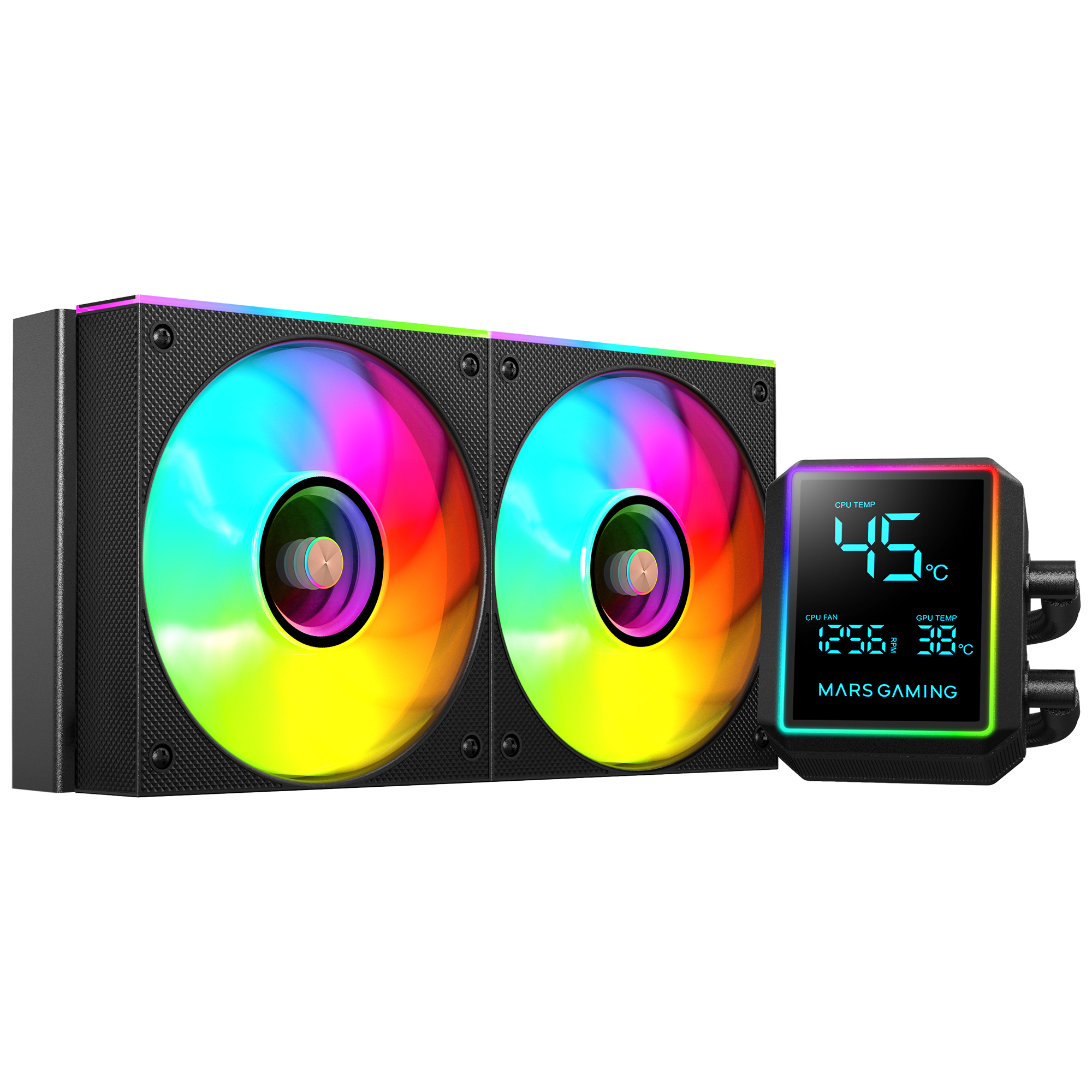 Mars Gaming ML-LCDPRO240 Refrigeración Líquida AIO 500W TDP, Pantalla LCD 2,8" Multimonitor, Bomba 4.ª Gen Opti-Chamber con Base de Cobre, 2× Ventiladores 120 mm ARGB Infinity Mirror, Refrigeración Líquida PC Negra o Blanca