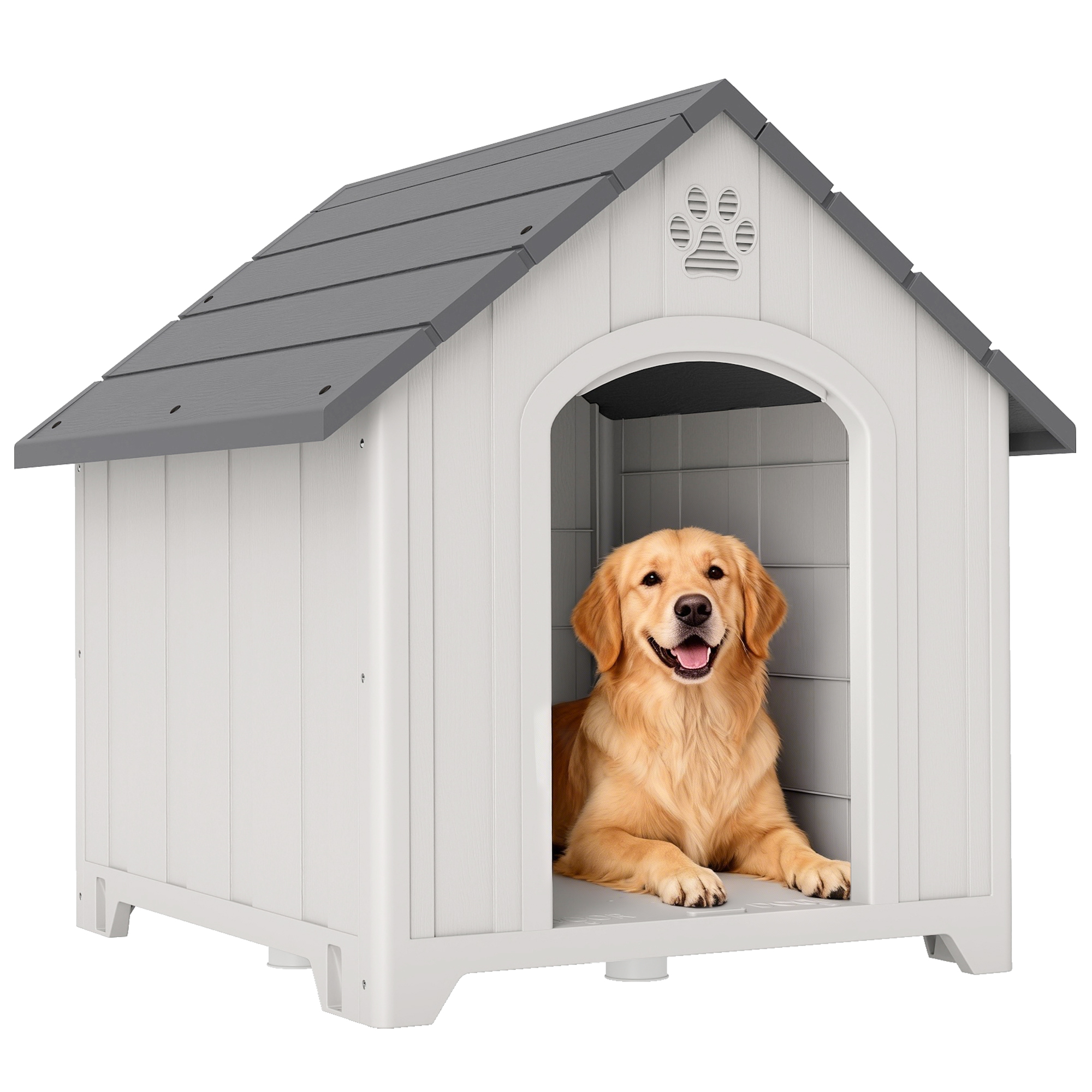 PawHut Caseta para Perros Exterior, Casa para Perros Grandes de Plástico Impermeable con 2 Ventanas, Base Elevada, Estacas, Fácil de Montar, 88x79x89 cm, Gris