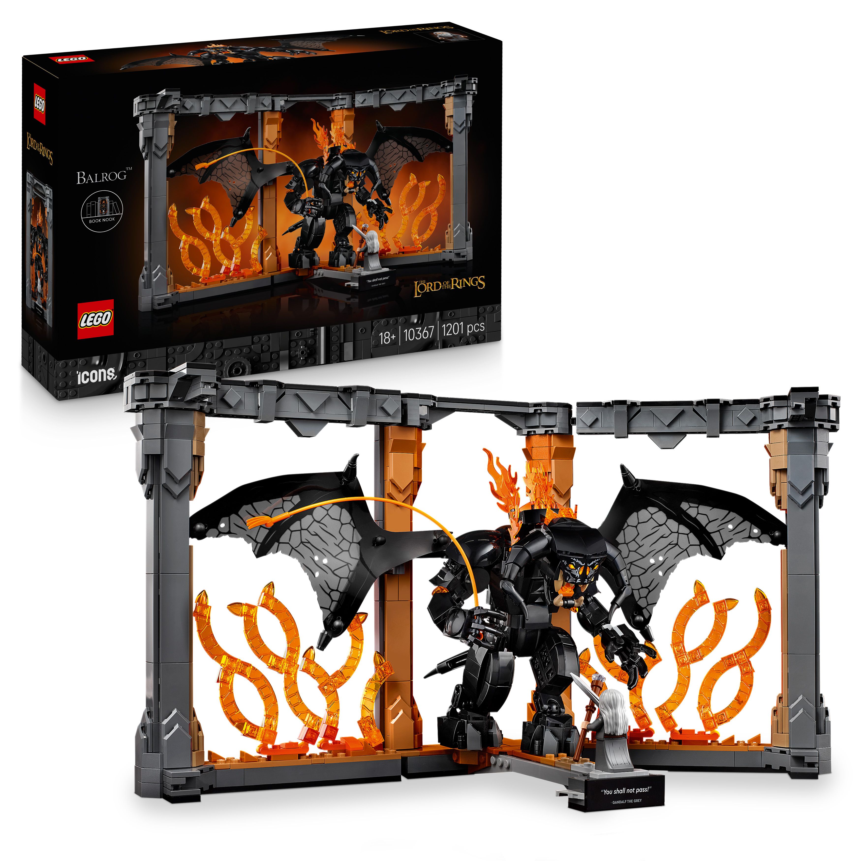 LEGO 10367 Icons: El Señor de los Anillos – Rincón entre Libros del Balrog, Diorama de Estantería con Minifigura de Gandalf y Figura del Balrog, Ideal para Fans de Tolkien y la Fantasía Épica