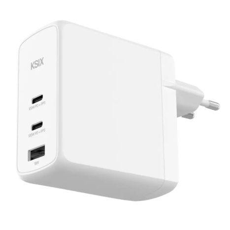 Ksix Cargador de red 100W, GaN, PPS, Power Delivery, Materiales sostenibles, 2 x USB-C + 1 x USB-A, Blanco