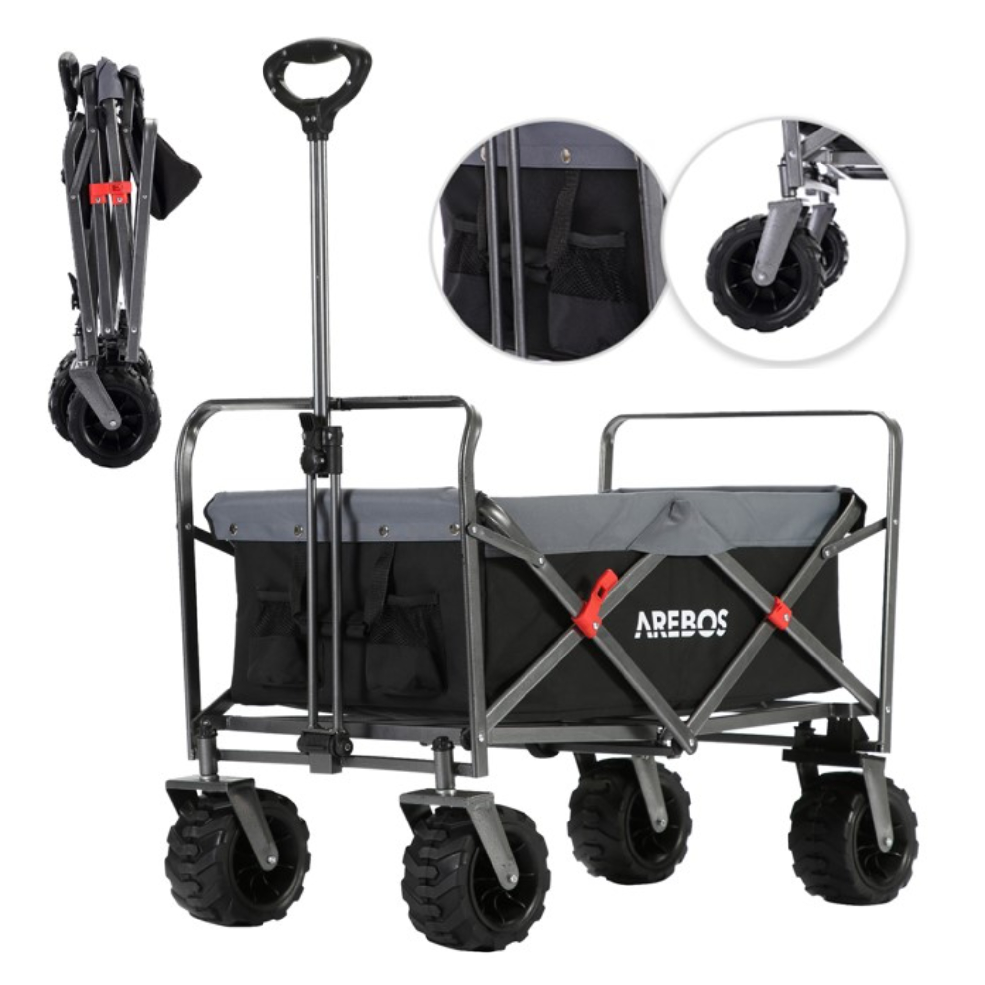 AREBOS Carro de Mano Plegable - carga 100 kg - Carrito Playa - con Barra telescópica para Empujar - Ruedas giratorias de 360°