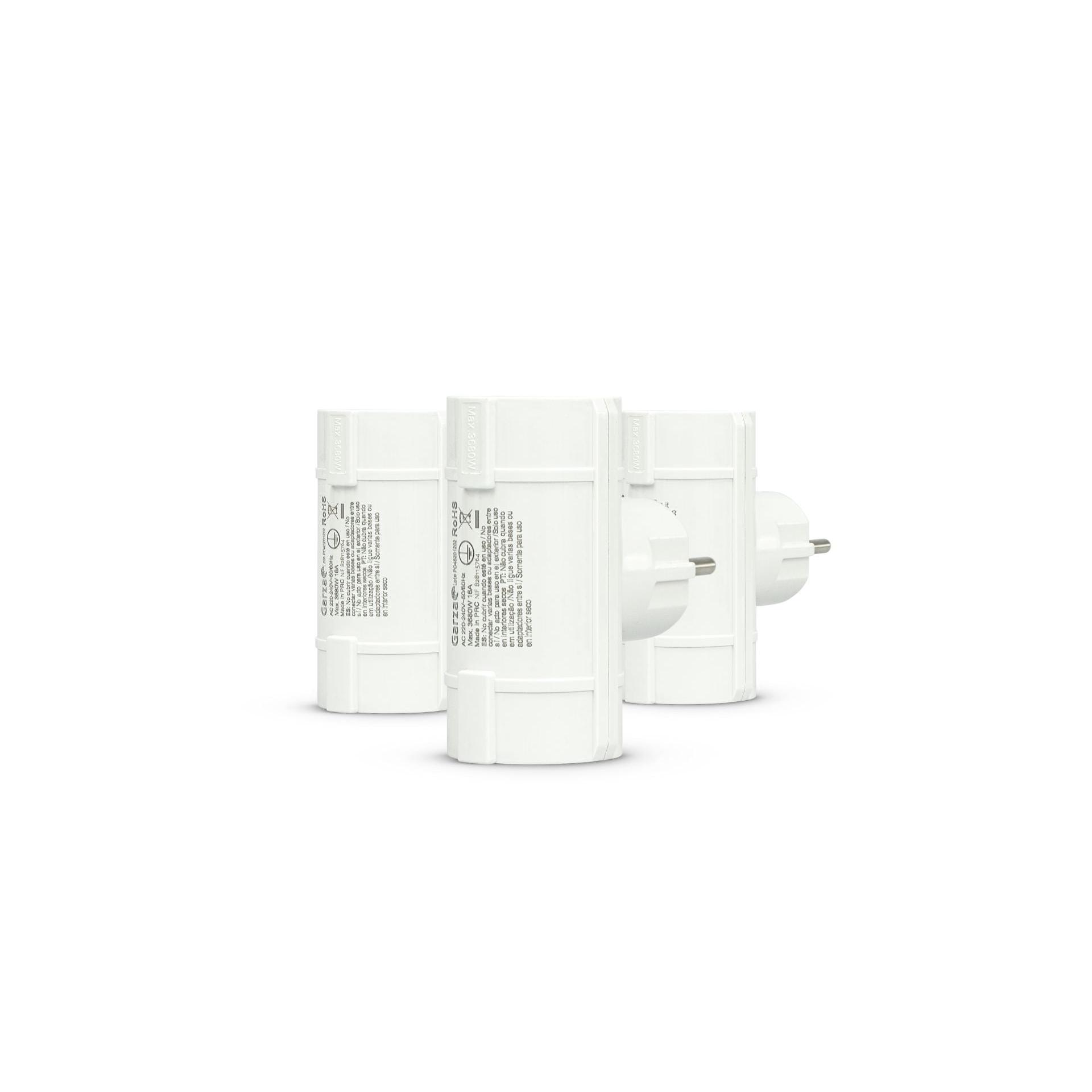 Garza - Pack de 3 Adaptadores de enchufe doble Schuko en T con toma de tierra, 2 salidas, protección infantil, diseño compacto y seguro, potencia máxima 3680W 16A, uso interior IP20, garantía 3 años