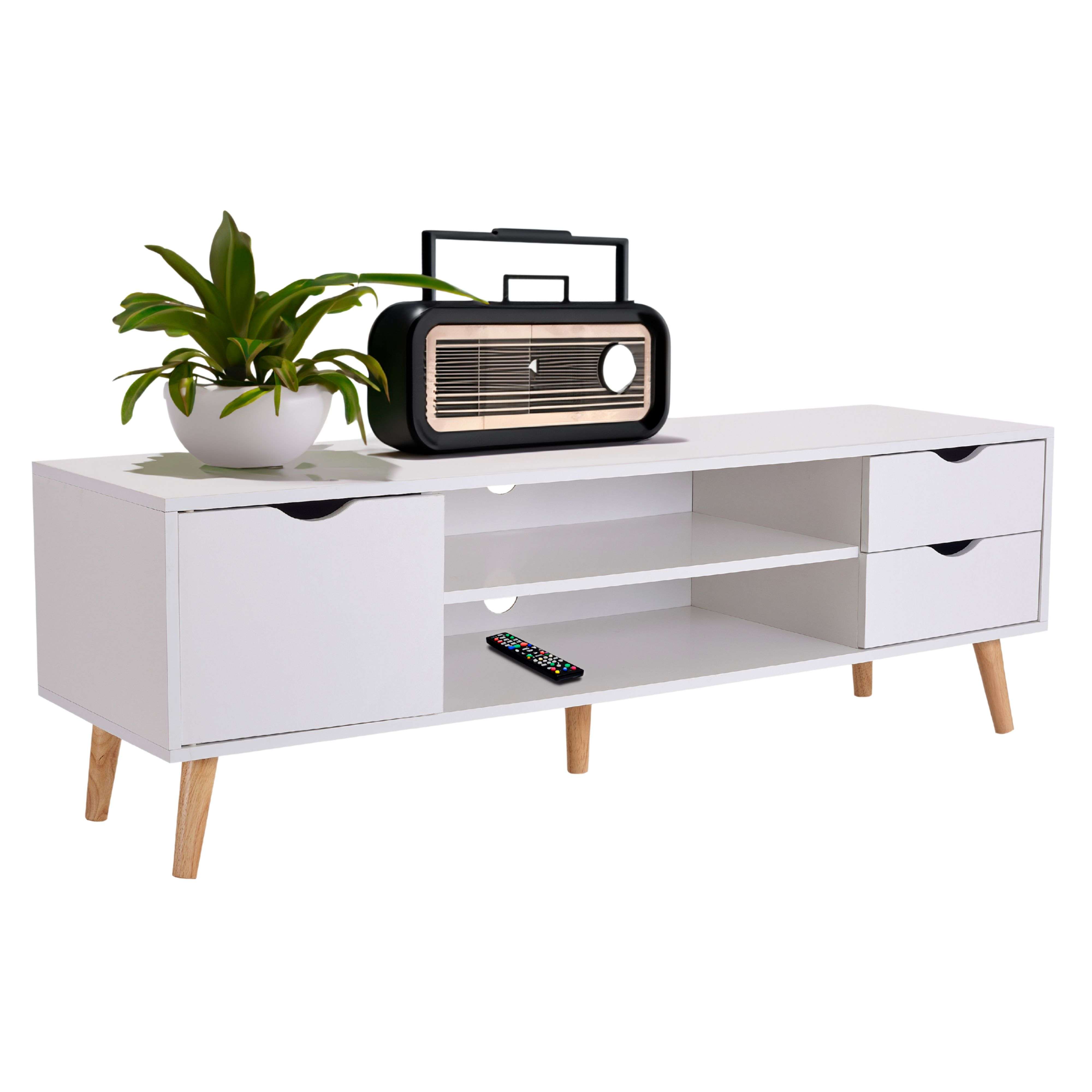 Miroytengo Mueble de Tv Fiana para Salón Comedor en Estilo Nórdico en Color Blanco y Roble con 2 Cajones , 1 Puerta y 1 Estante Central 140x46x40 cm
