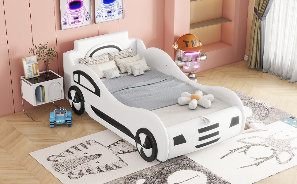 Lit voiture enfant blanc 90 x 200 cm avec sommier à lattes et coffre de rangement hydraulique