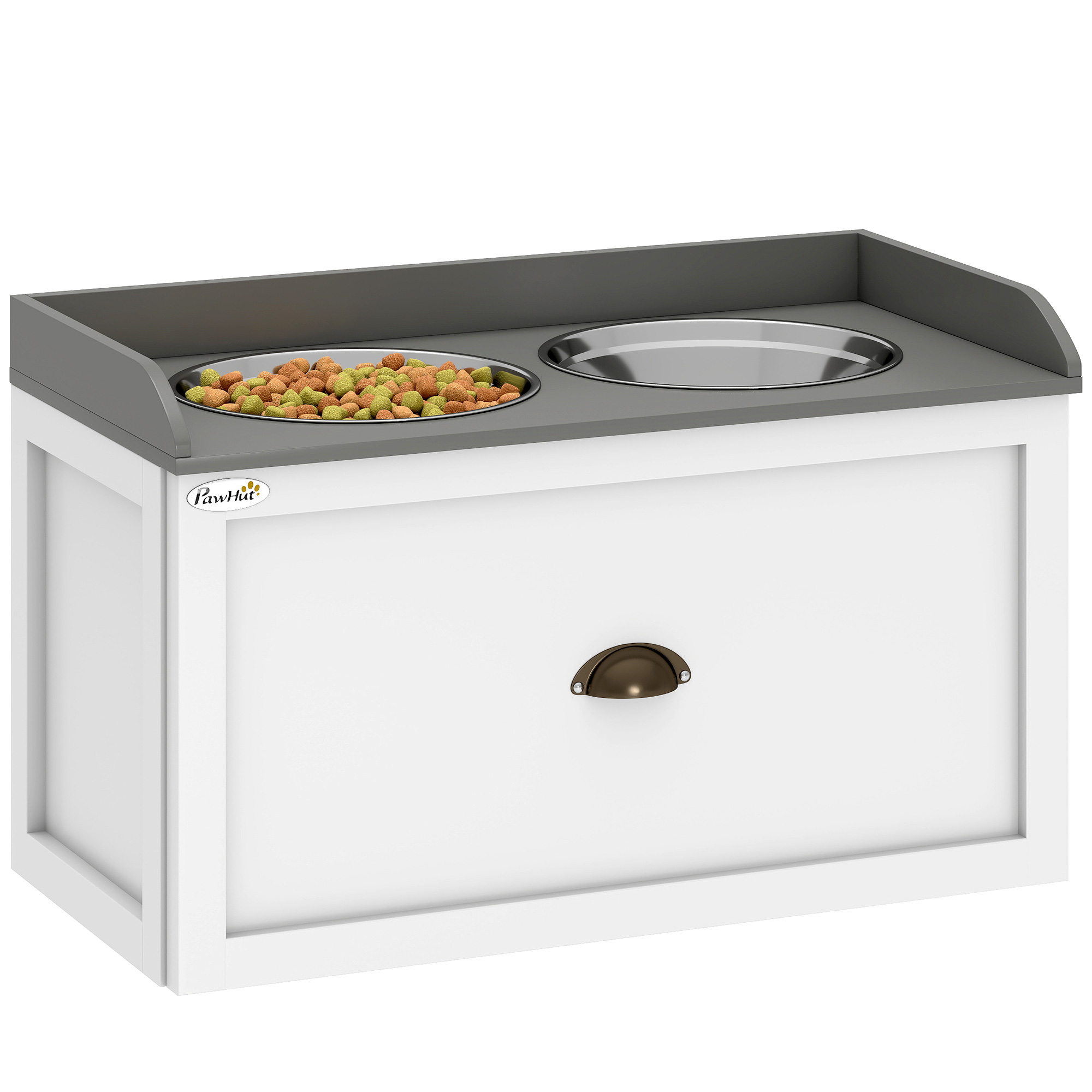 PawHut Comedero Elevado para Perros Grandes Cuencos para Perros con 2 Tazones 2000ml de Acero Inoxidable y Cajón Oculto Soporte de Madera para Mascotas 60x30x36 cm Blanco