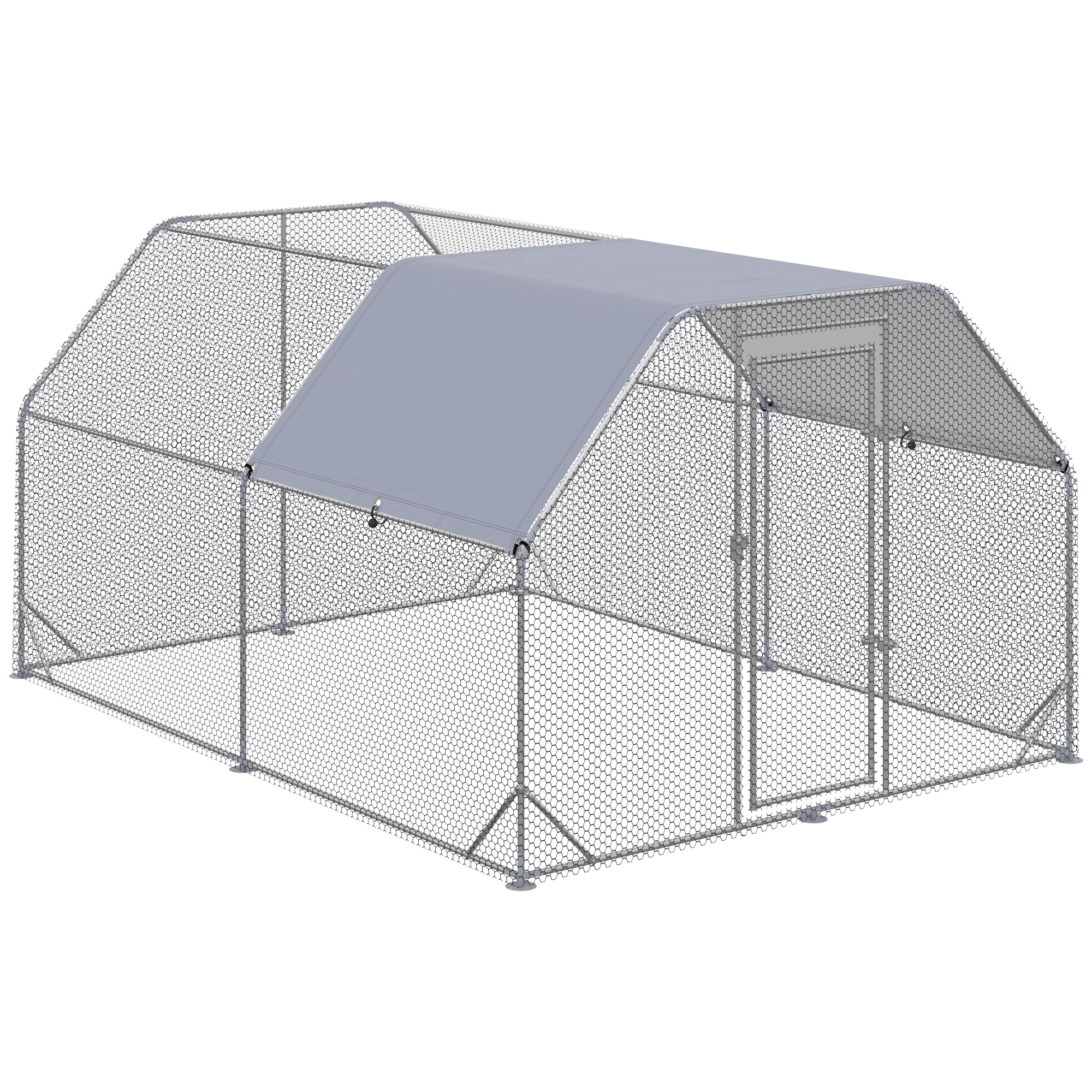 PawHut Gallinero para Exterior Grande, 2,8x3,8x1,95 m, Gallinero de Acero Galvanizado con 2 Habitaciones, Cubierta de Tela Oxford, Anti-UV e Impermeable, Jaula para 10-12 Gallinas y Conejos, Plata