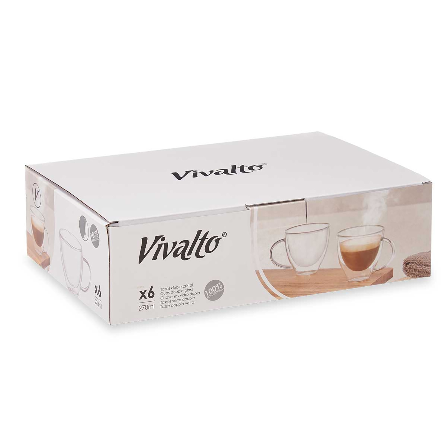 DAM Pack de 6 tazas para desayuno de borosilicato con doble pared y 270ml de capacidad. 8,9x8x11 Cm. Color: Transparente