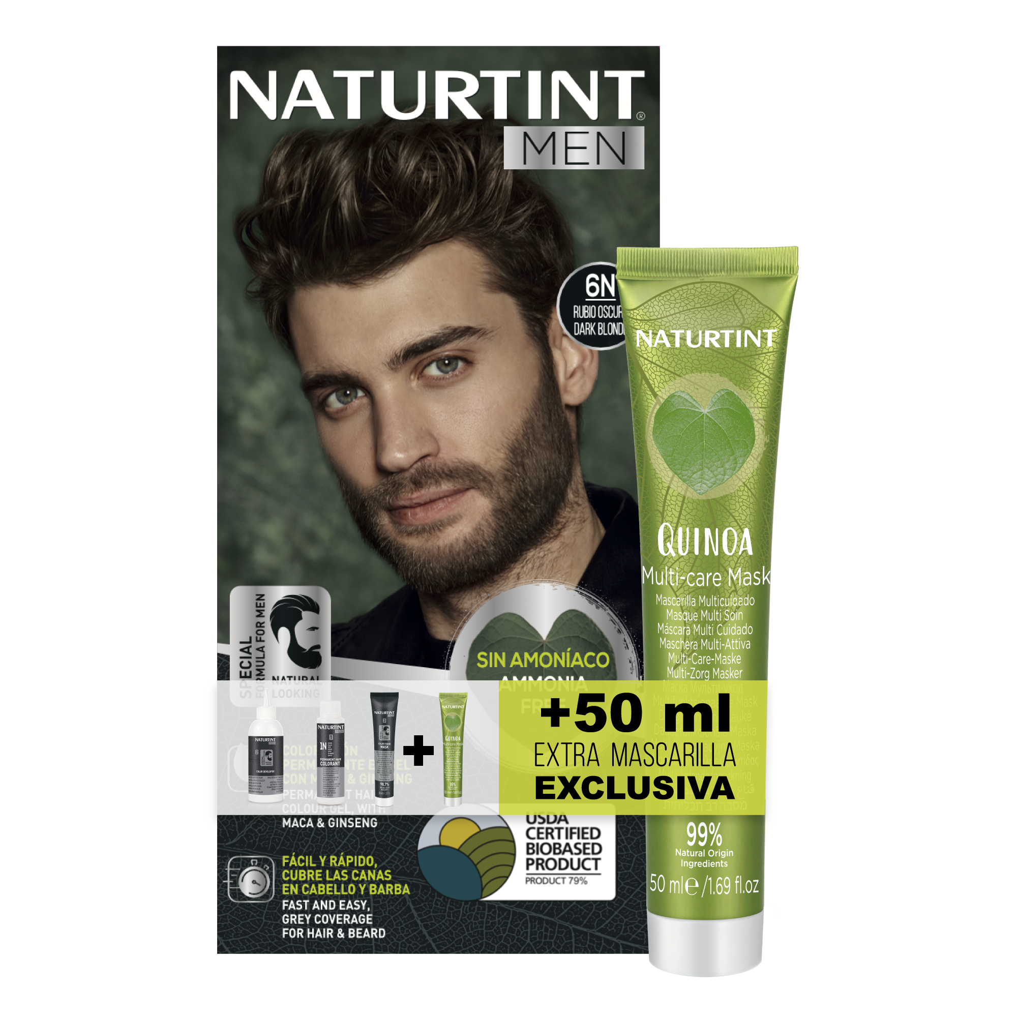 Naturtint Men Biobased + Extra Mascarilla 50ml |  Coloración Permanente Sin Amoniaco para Hombre | Tinte para Cabello y Barba | 100% Cobertura de Canas | Color Natural y Duradero | Ingredientes Naturales | 1N Negro