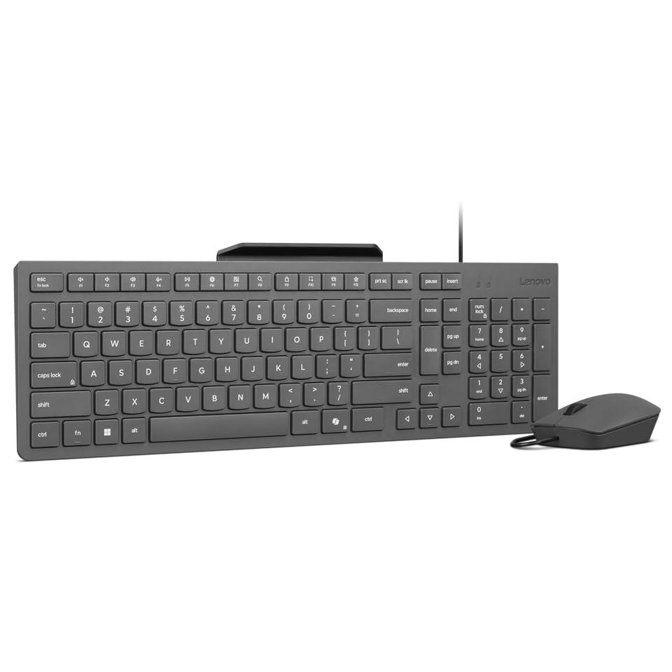 Lenovo 310 USB-A Combo Teclado y Ratón con Cable (Ratón Sensor Óptico Rojo, 2000 dpi, 3 Botones, Scroll, Teclado Resistente a Salpicaduras, Soporte para Móvil, USB-A) QWERTY Español - Gris