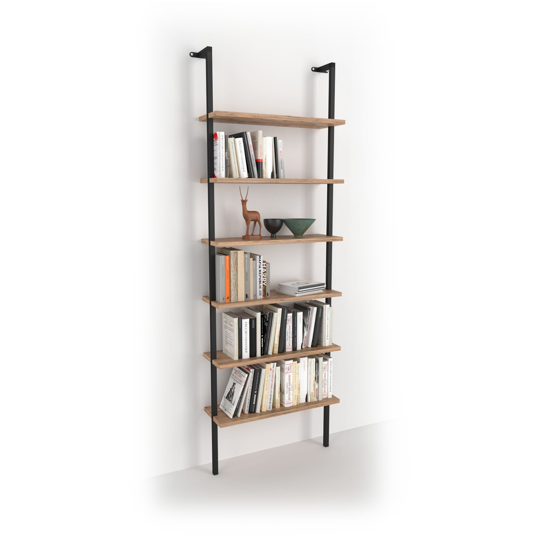 Estantería escalera de pared de estilo industrial con 6 estantes melamina roble Safir y estructura metálica pintado negro. (Alto 180 cm/Ancho 60 cm/Fondo 20 cm)