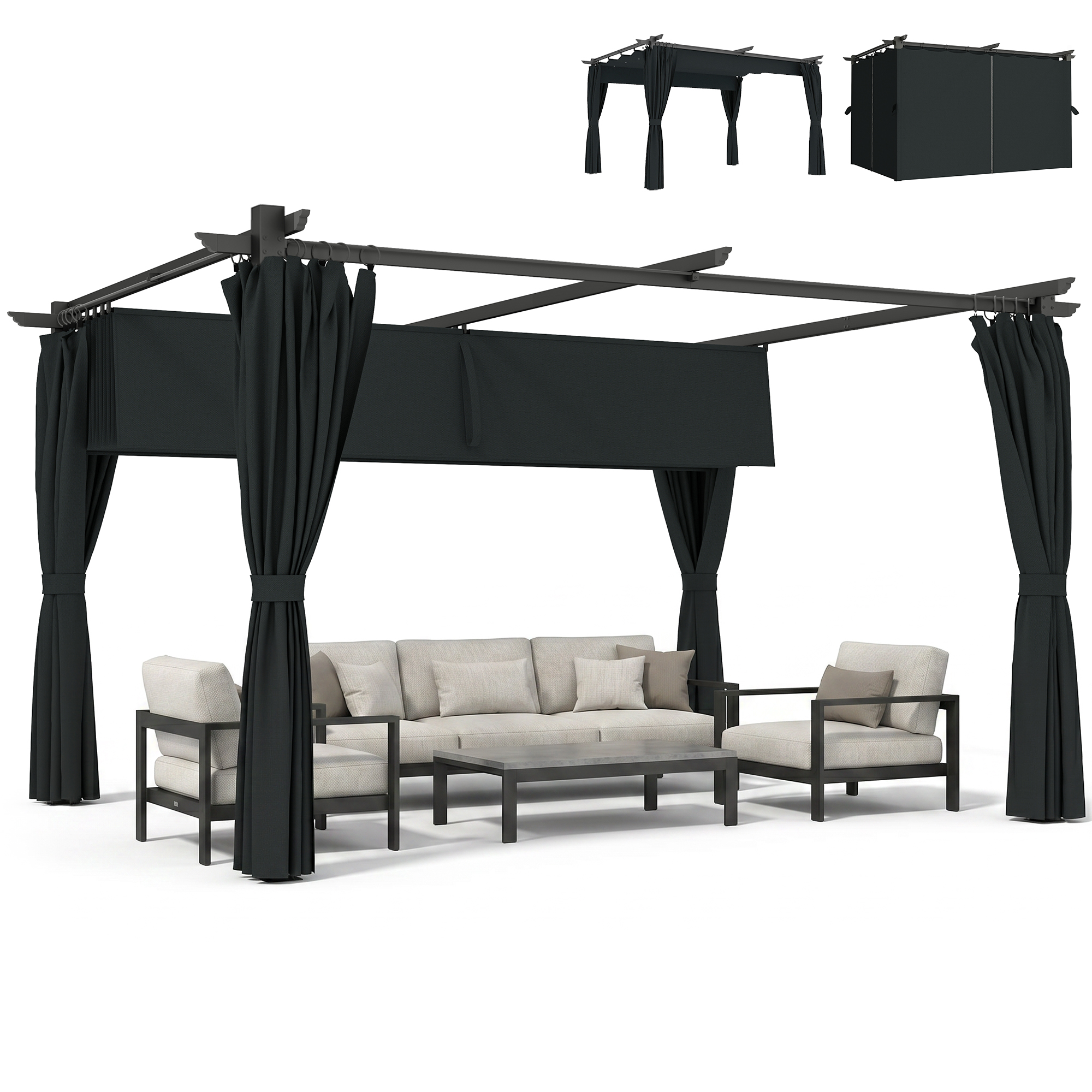 Outsunny Pérgola de Jardín con Techo Retráctil Pérgola 4x3 m con Paredes Laterales Cenador con Tela de Poliéster Anti-UV Resistente al Agua Pabellón para Patio Terraza Gris Oscuro